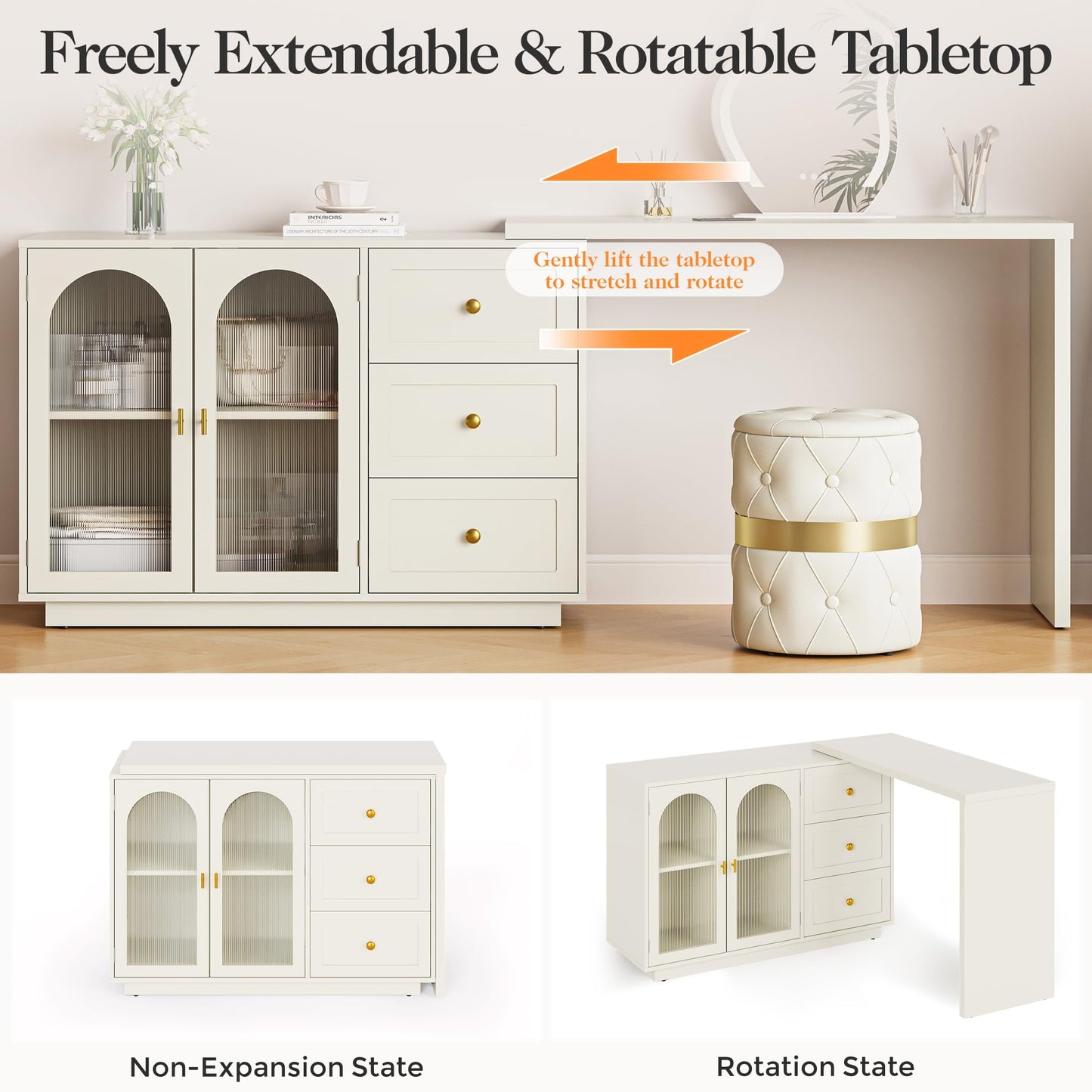 Superjoe Makeup Vanity Desk, Extendable Corner Vanity Makeup Table with 3 Drawers & 2 Door, Modern Dressing Table for Bedroom, Vanities for Women/Girls Bedroom (without Mirror)