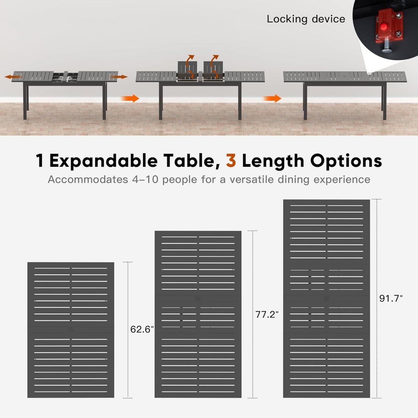 Superjoe Patio Expandable Table Dining Set for 4 to 10, Aluminum Outdoor Dining Table, Rectangular Patio Metal Table with Umbrella Hole for Backyard Porch, Deck £¦ Garden, Easy Assembly, Dark Grey