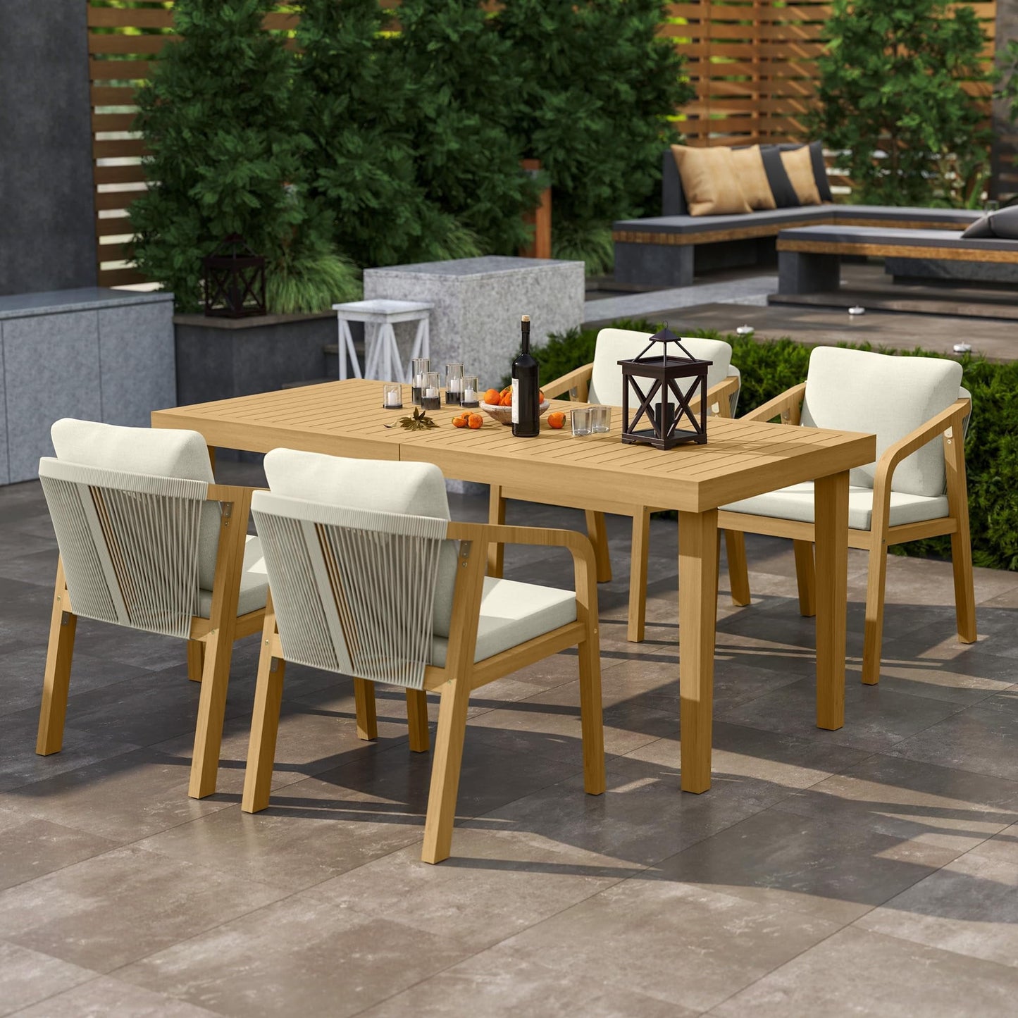 Heynemo Acacia Patio Dining Chairs Set of 4, Outdoor Wood Dining Chairs with Thick Cushions, Modern Patio Chairs with Woven Rope Backrest for Porch, Backyard, Garden, Indoor, Beige