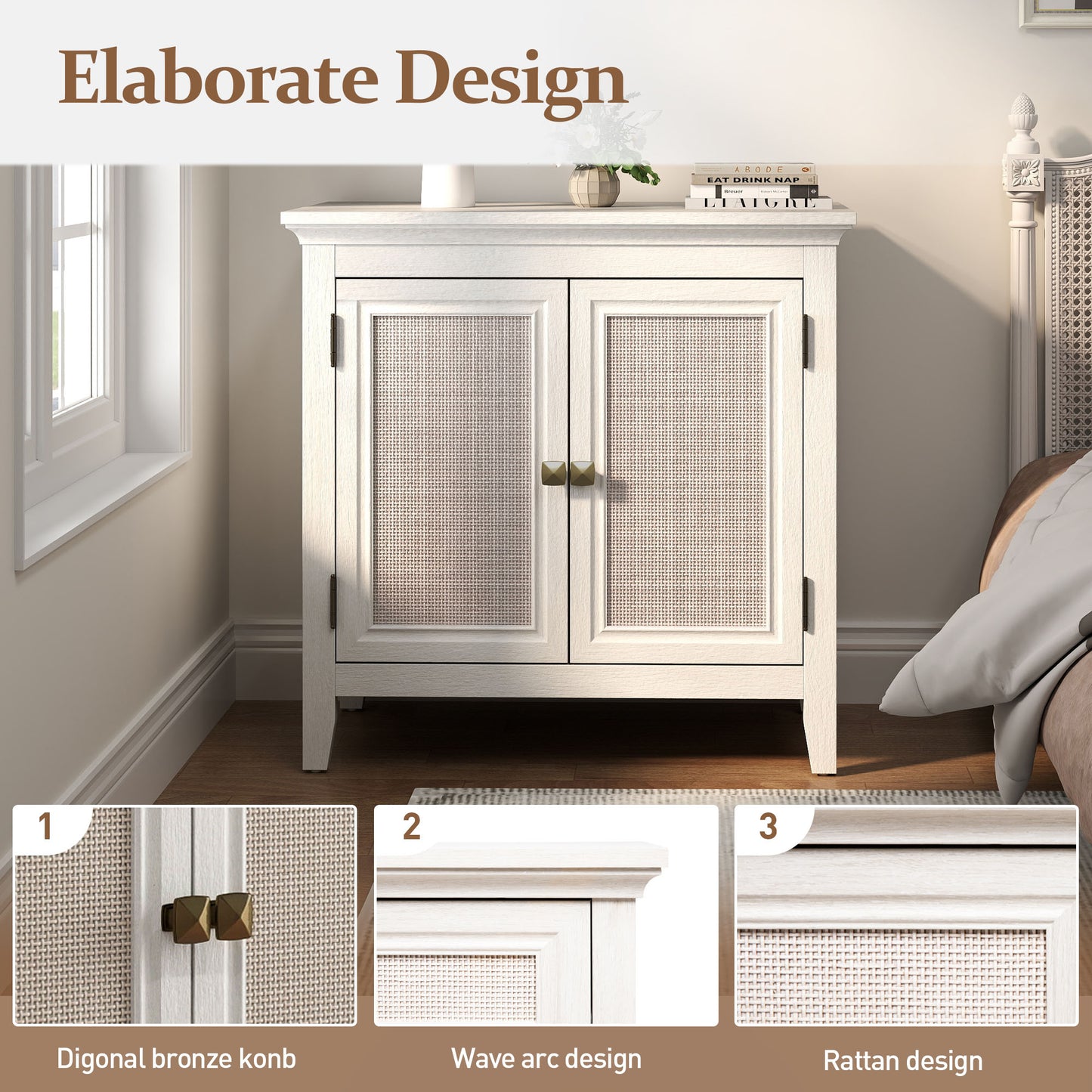 Storage Cabinet, Kitchen Sideboard Cabinet with Rattan Decor Doors, Accent Buffet Cabinet with Adjustable Storage Shelf, Wood Cabinet Organizer for Hallway, Dining Room, Living Room