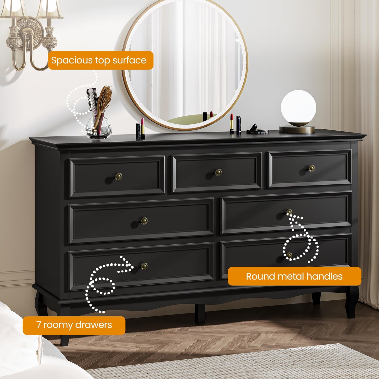 Superjoe Modern 7 Drawer Dresser with Solid Wood Legs and Painted Finish, Dresser for Bedroom, Black Chest of Drawers, Wooden Storage Closet Cabinet Organizer for Nursery, Living Room, Hallway