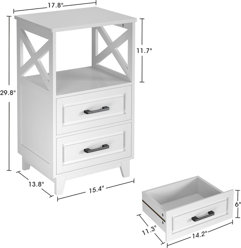 White Nightstand, Farmhouse Side Table with Storage Drawers and Open Shelf, Wooden Rustic End Table for Bedroom, Living Room