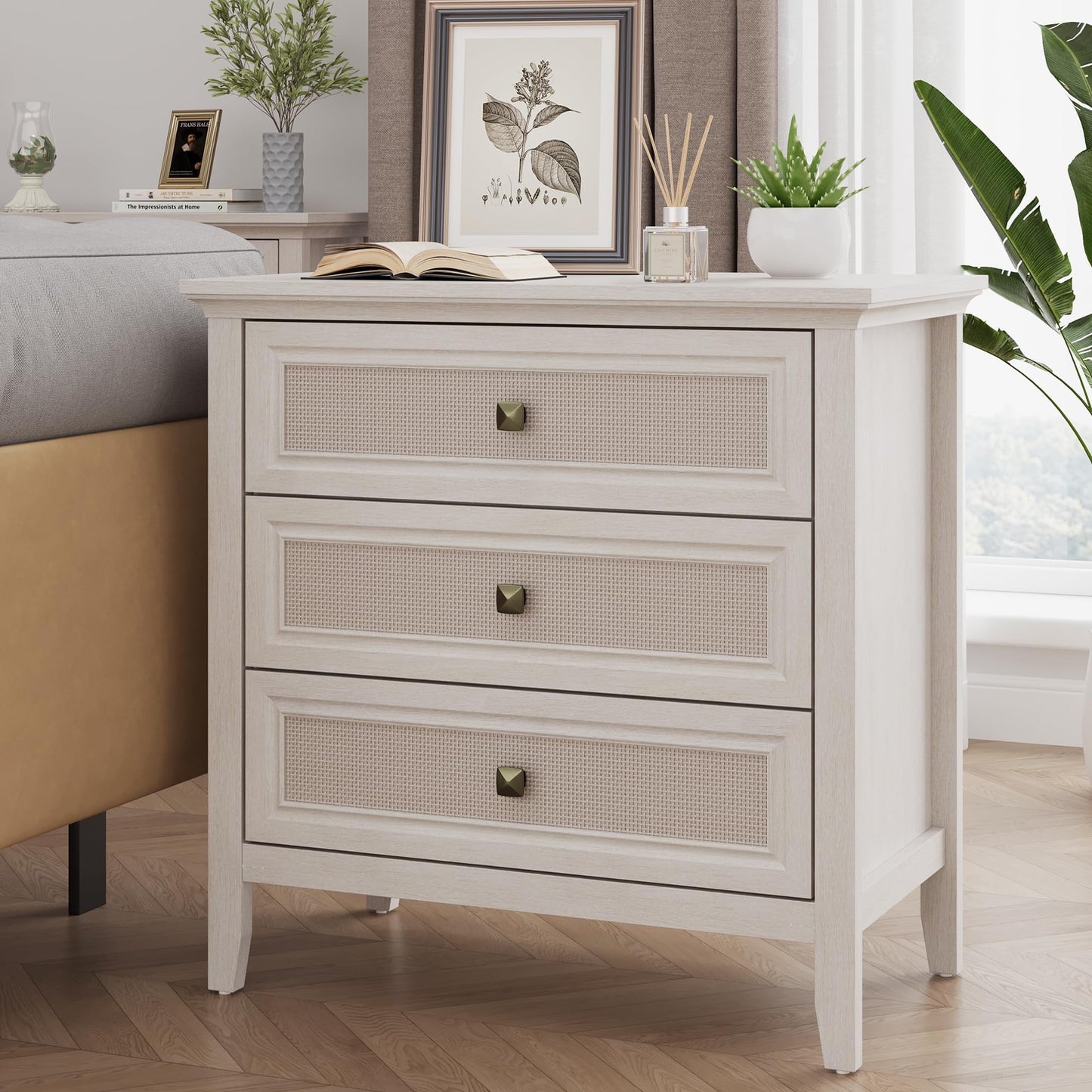 CozyHome 3 Drawer Nightstand, Rattan Dresser Table with Cane Drawers, Tall Boho Bedside Table Cabinet for Bedroom, Living Room, Entryway, Hallway, White