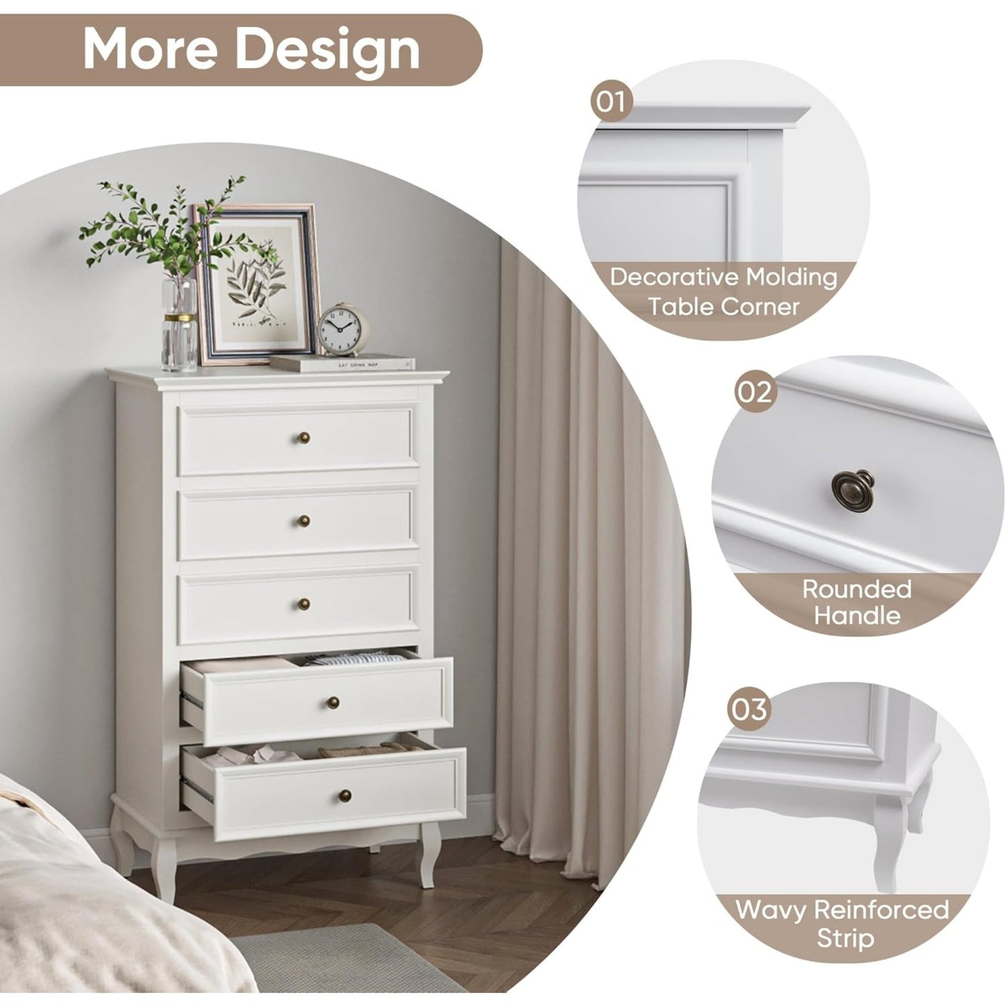 Superjoe White Dresser for Bedroom, Modern 5 Drawer Dresser, Wood Rustic Tall Chset of Drawers, Storage Dressers Organizer for Bedroom,Hallway