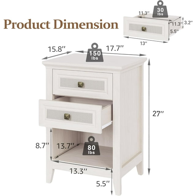 Royalcraft Farmhouse Nightstand, Boho Bedside Table with 2 Rattan Decor Drawers, Accent End Table with Open Storage Shelf, Wood Bedside Unit for Bedroom, Living Room, Home Office, Grayish White