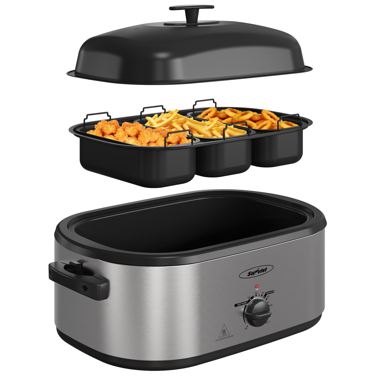 Electric Roaster Oven, 20 QT Roaster with Self-Basting Lid and Buffet Server, Turkey Roaster Oven with 150-450°F Full-Range Temperature Control, Removable Pan & Rack, Stainless Steel, Silver