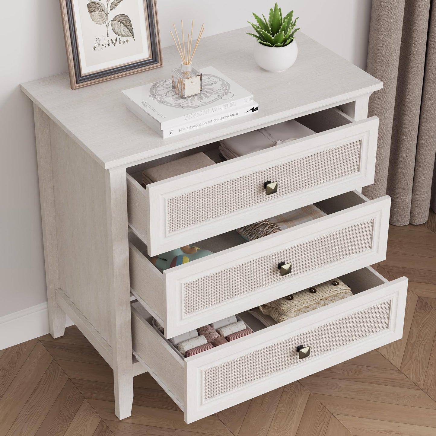 CozyHome 3 Drawer Nightstand, Rattan Dresser Table with Cane Drawers, Tall Boho Bedside Table Cabinet for Bedroom, Living Room, Entryway, Hallway, White