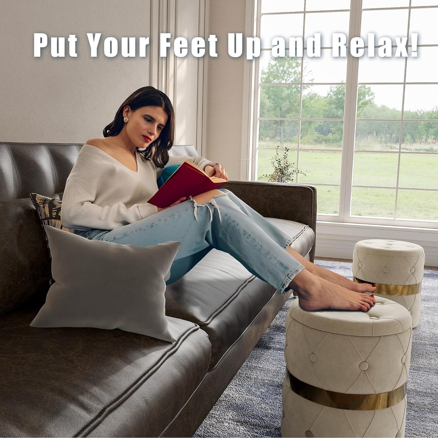 CozyHom Storage Ottoman Set of 2, Versatile Footrest Stool with Stainless Steel Base, Modern Round Vanity Stool Chair Foot Stools, Support 200lbs Padded Seat, for Living Room, Bedroom, White