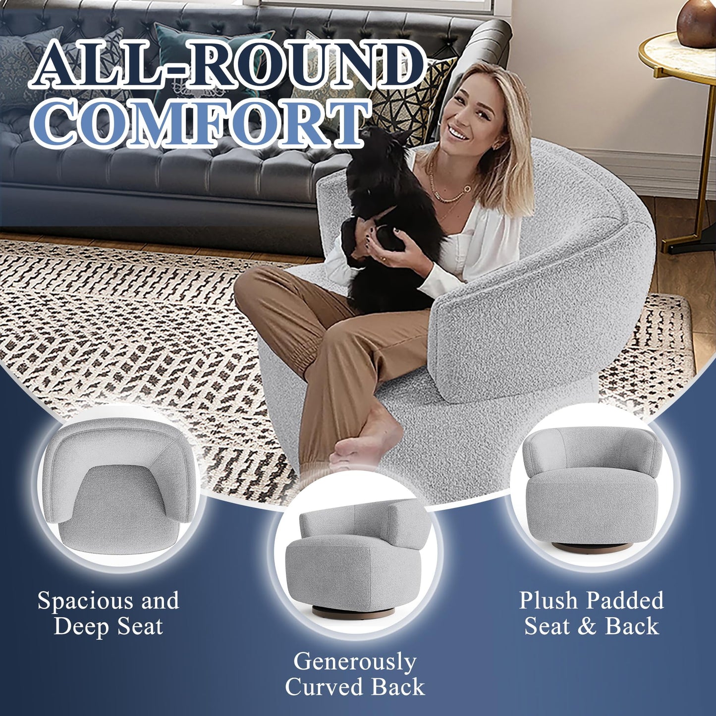 CozyHome Swivel Accent Chair, Fully Assembled Round Barrel Chairs, Oversized Upholstered Armchair with 360-Degree Base, Modern Club Chair for Living Room, Bedroom, Office, Grey