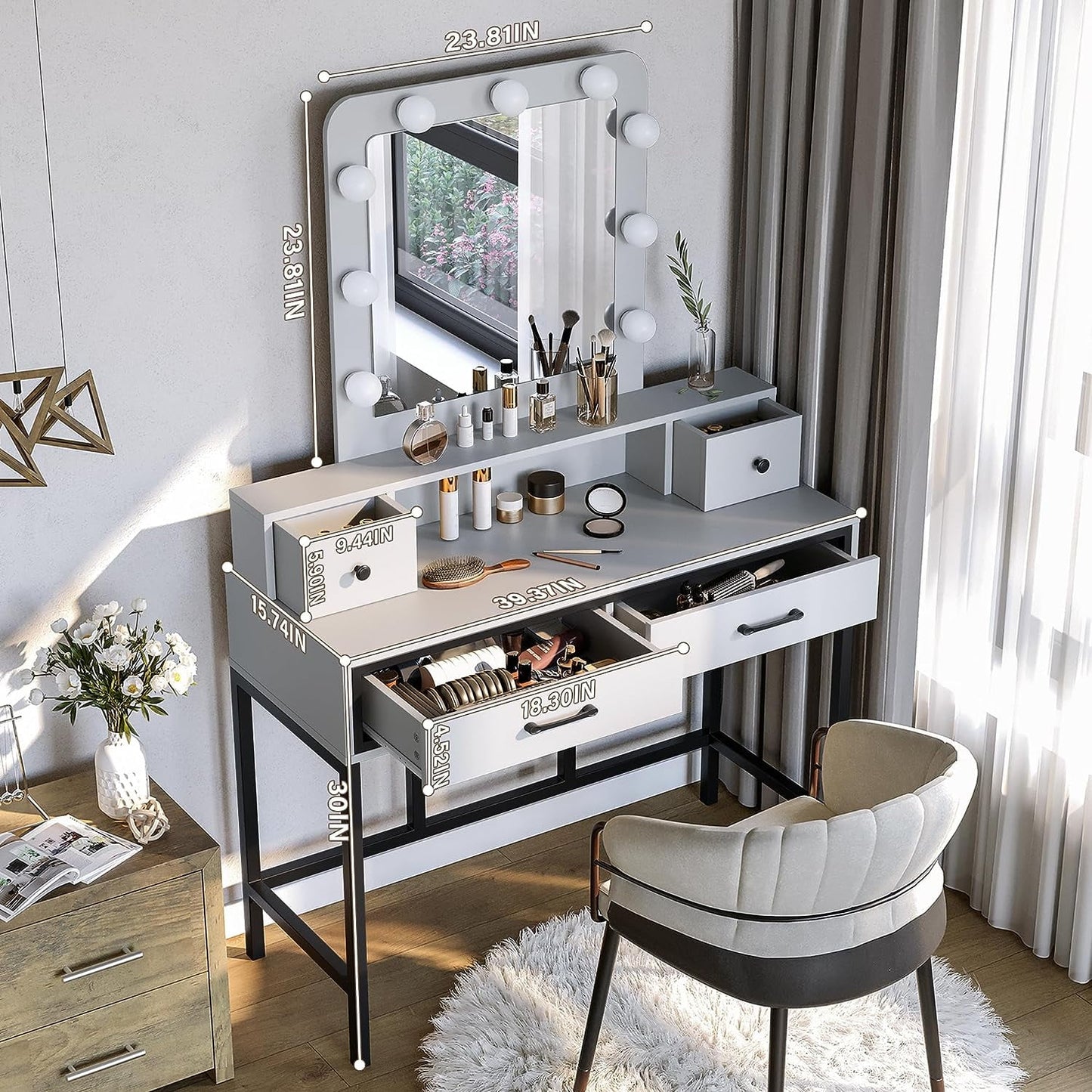 CozyHom Vanity with Mirror and Lights, Dressing Table Makeup Desk Vanity Table with 4 Drawers, 3 Color Lighting Modes & 10 Brightness for Bedroom, Whtie
