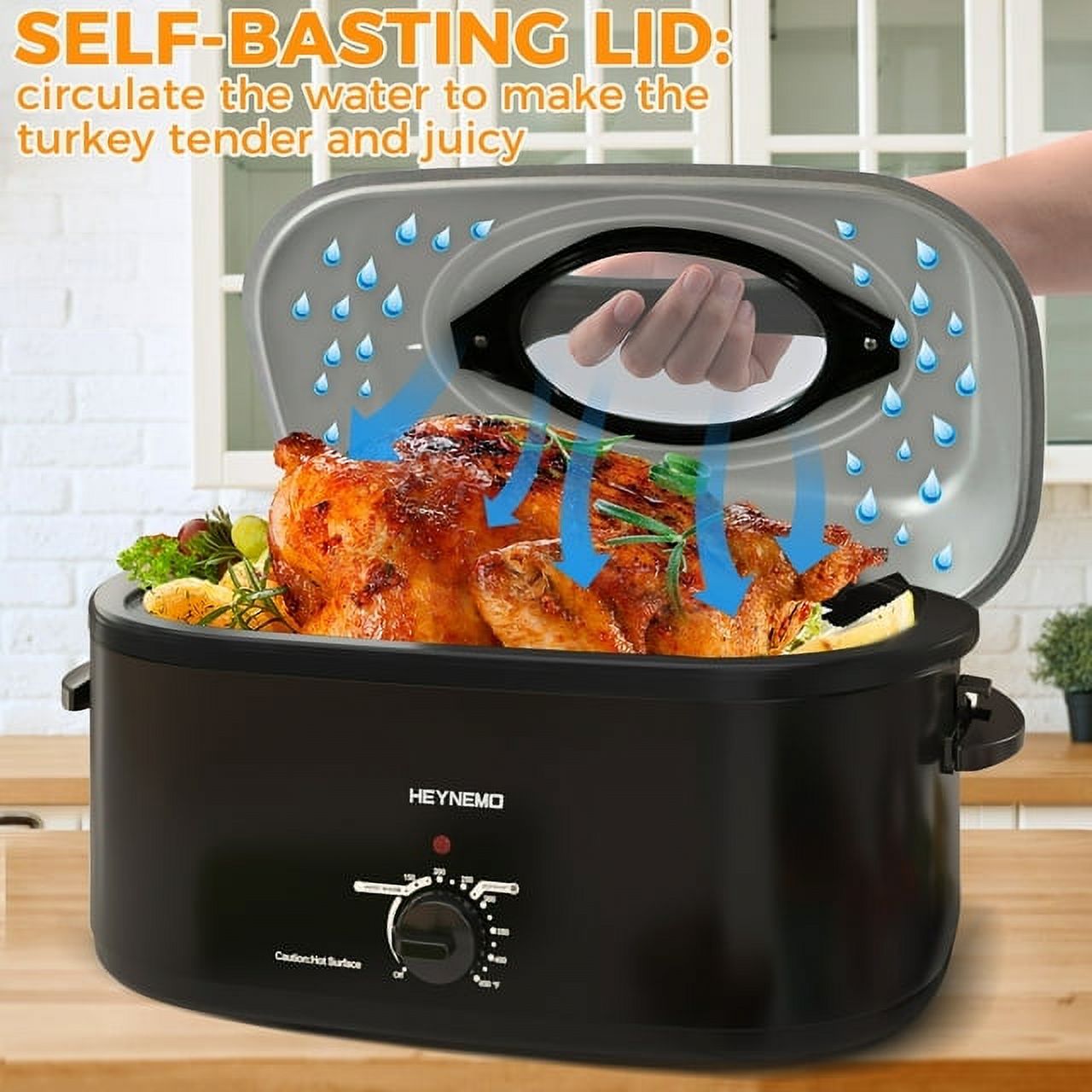 CozyHome 24 QT Electric Stainless Steel Turkey Roaster Oven, Self-Basting Lid Removable Insert Pot Perfect for Gathering and Dining, Black
