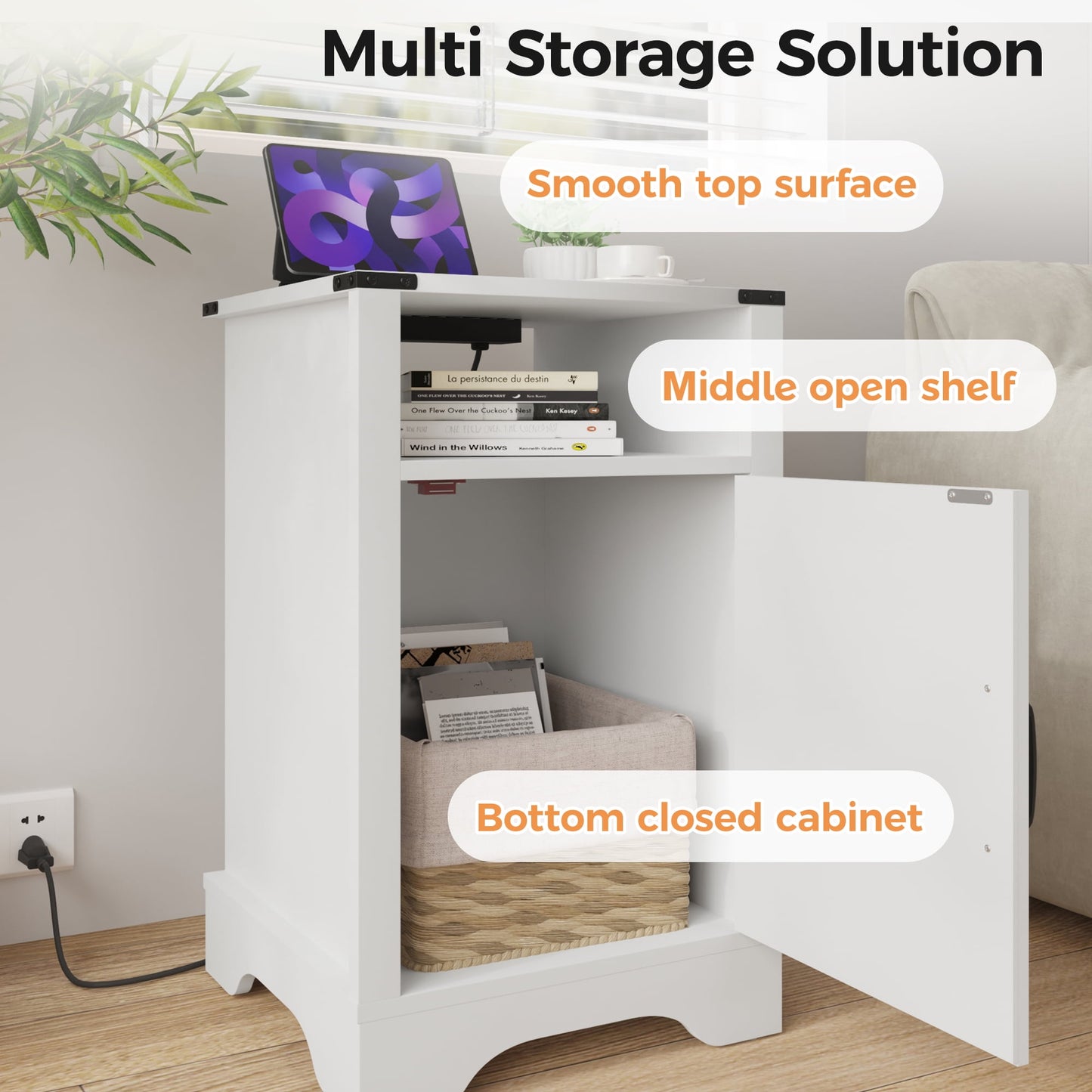 CozyHom Modern Farmhouse USB Nightstand Set of 2 With Storage Cabinet, End Side Table With Charging Station For Bedroom, White