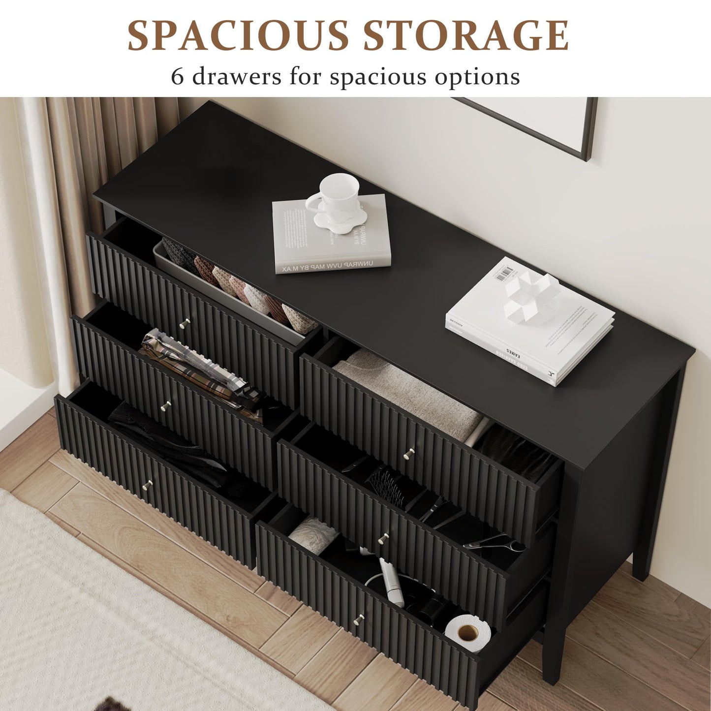 Black Dresser Fluted 6 Drawer Dresser Wide Modern Chest of Drawers Large Closet Dressers Wood Storage Dressers Organizer Storage Cabinet for Bedroom Living Room Hallway Entryway