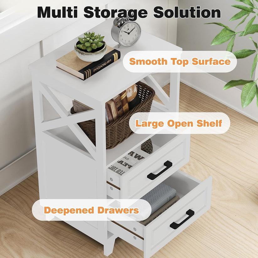 White Nightstand, Farmhouse Side Table with Storage Drawers and Open Shelf, Wooden Rustic End Table for Bedroom, Living Room