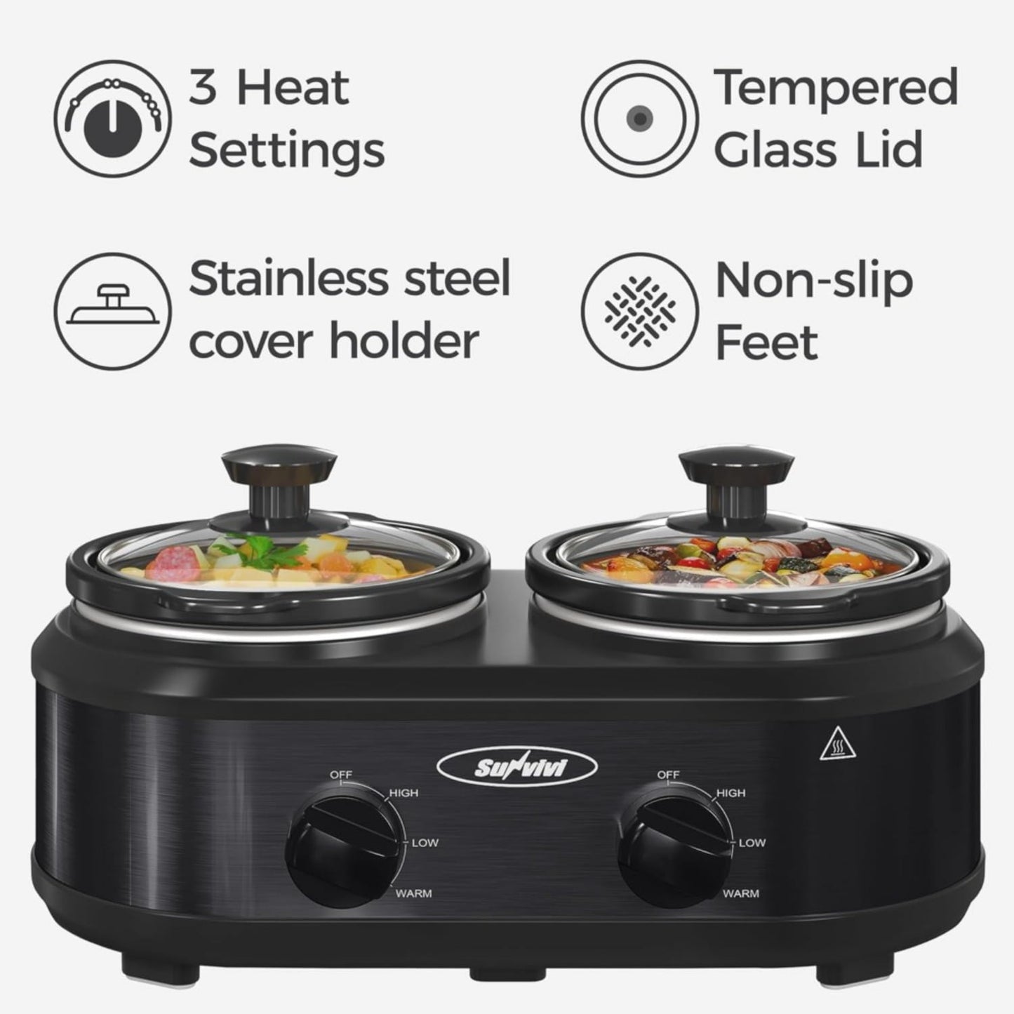 Superjoe Double Slow Cooker,2 Pot Small Mini Crock Buffet Servers and Warmer,Dual Pot Oval Manual Slow Cooker with Adjustable Temp Removable Ceramic Pot,Stainless Steel, Total 2.5 Quarts Black