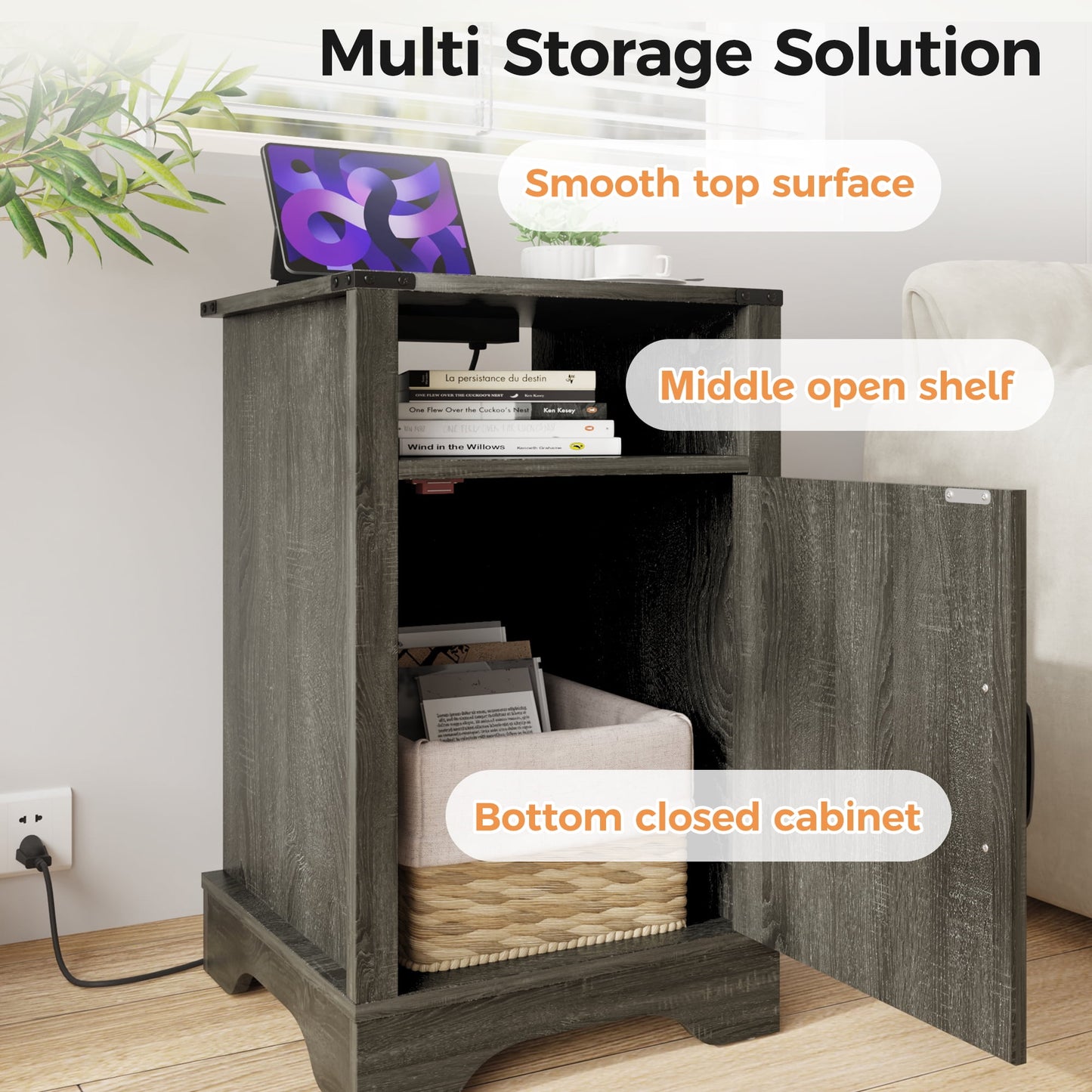 CozyHom Modern Farmhouse USB Nightstand Set of 2 With Storage Cabinet, End Side Table With Charging Station For Bedroom, Dark Grey