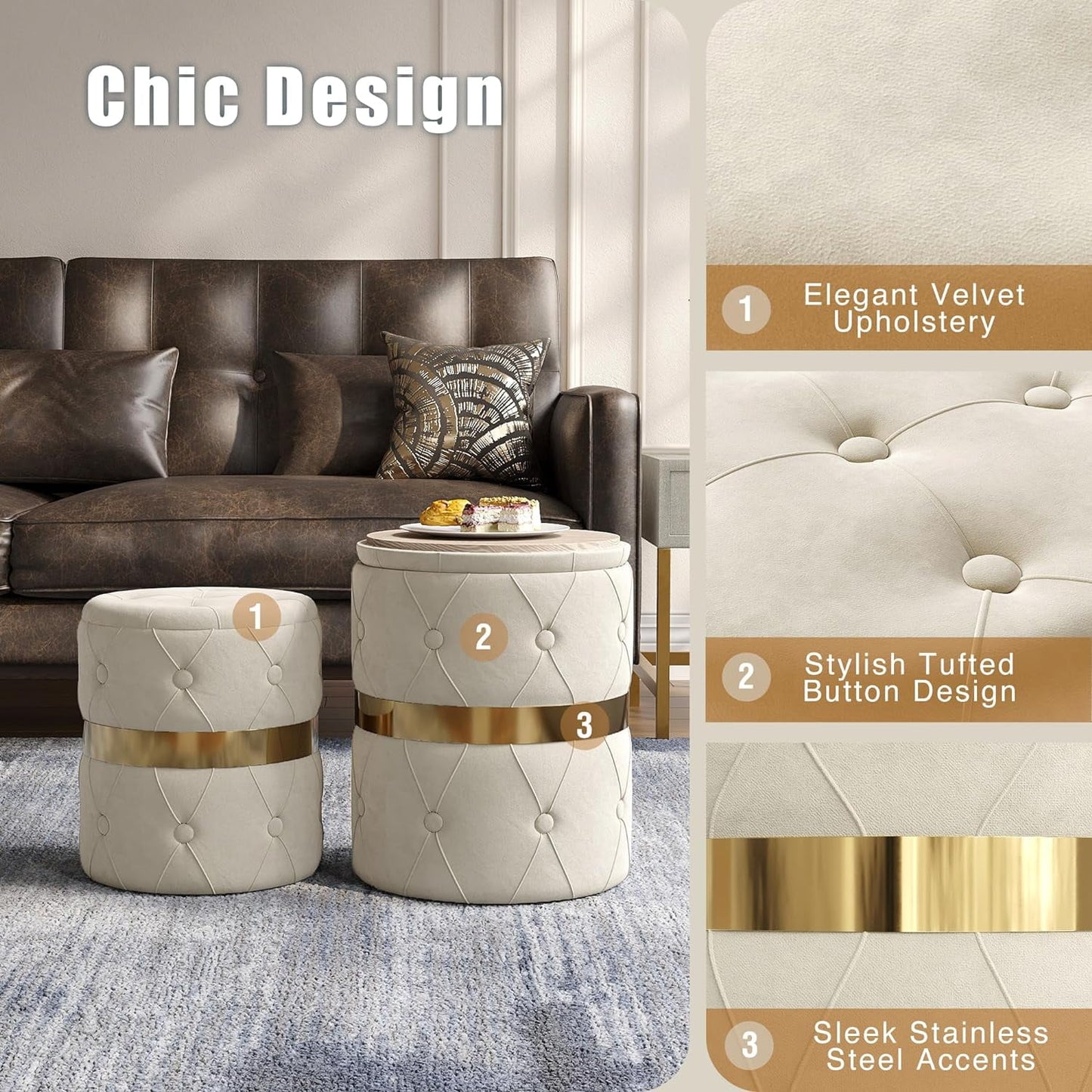 CozyHom Storage Ottoman Set of 2, Versatile Footrest Stool with Stainless Steel Base, Modern Round Vanity Stool Chair Foot Stools, Support 200lbs Padded Seat, for Living Room, Bedroom, White