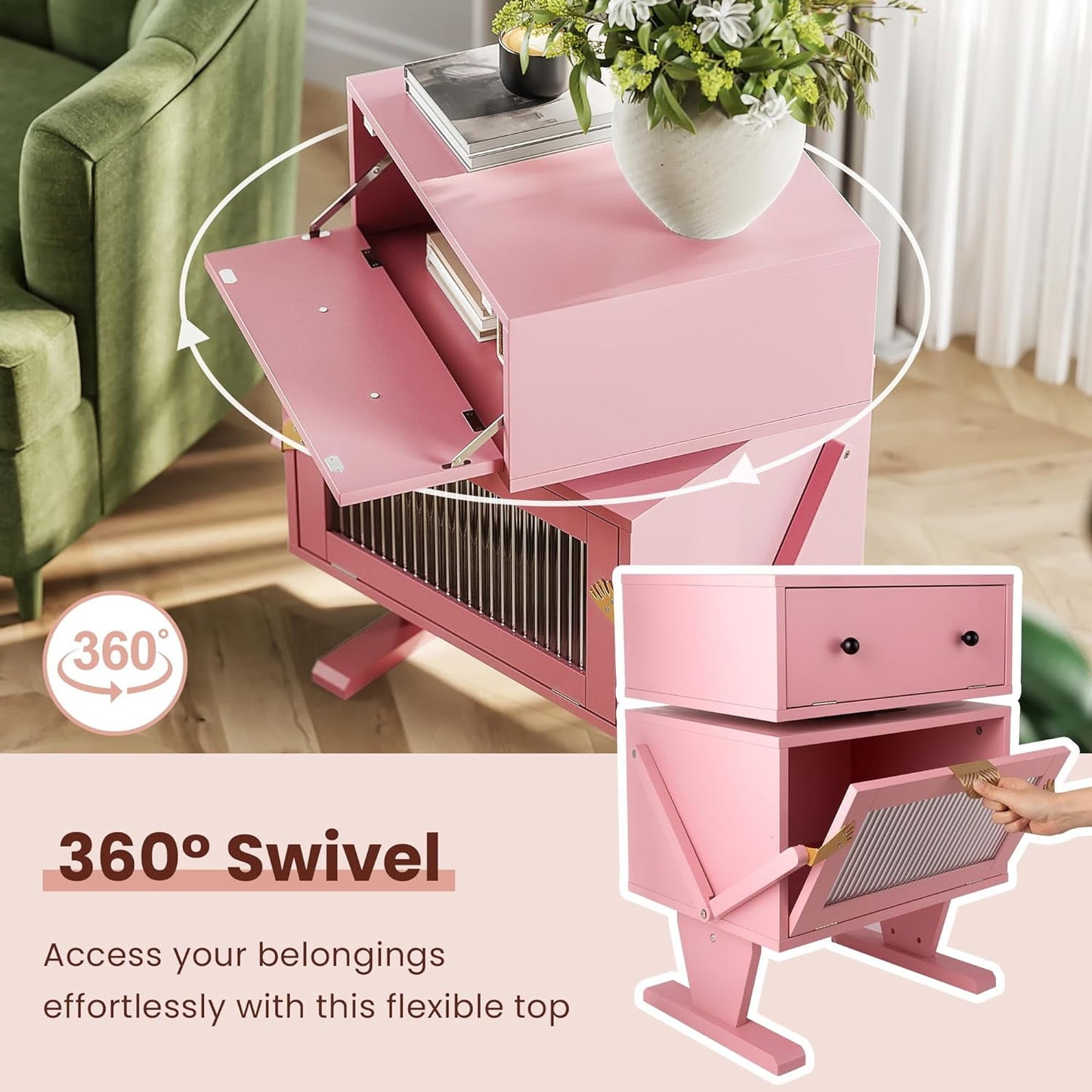 Superjoe Pink Nightstand with LED Light Strips 360° Rotating Drawer, Modern End Table with Glass Door Storage, Wood Bedside Table Cabinet for Living Room, Bedroom, Nursery