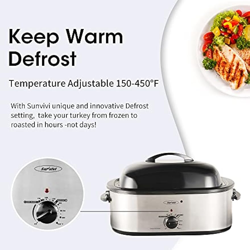 22lb 18-Quart Roaster Oven with Self-Basting Lid, Sunvivi electric roaster with Removable Pan & Rack, 150-450¡ãF Full-Range Temperature Control with Defrost/Warm Function, Stainless Steel, Silver¡