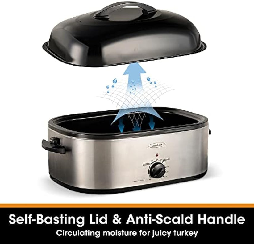 Roaster Oven with Self-Basting Lid, Electric Roaster with Removable Pan & Rack, 150-450°F Full-Range Temperature Control with Defrost/Warm Function, Stainless Steel, Silver