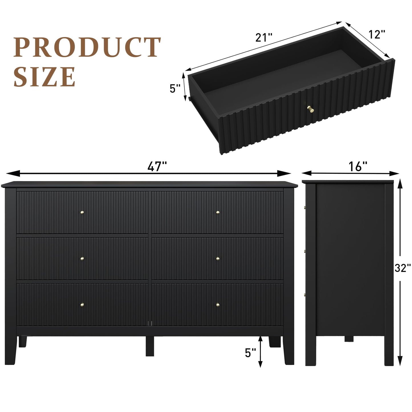 Black Dresser Fluted 6 Drawer Dresser Wide Modern Chest of Drawers Large Closet Dressers Wood Storage Dressers Organizer Storage Cabinet for Bedroom Living Room Hallway Entryway