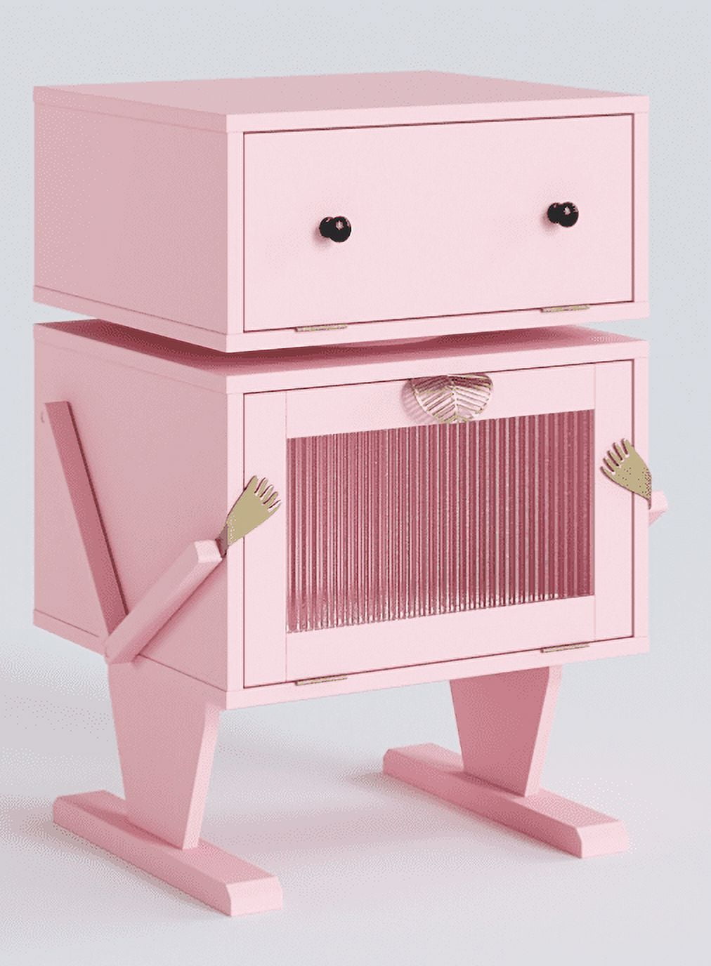 CozyHom Nightstand with LED Light Strips, Modern End Table with 360° Rotating Drawer, Bedside Table with Glass Door Storage, Wood Night Stand Cabinet for Living Room, Bedroom, Nursery, Pink