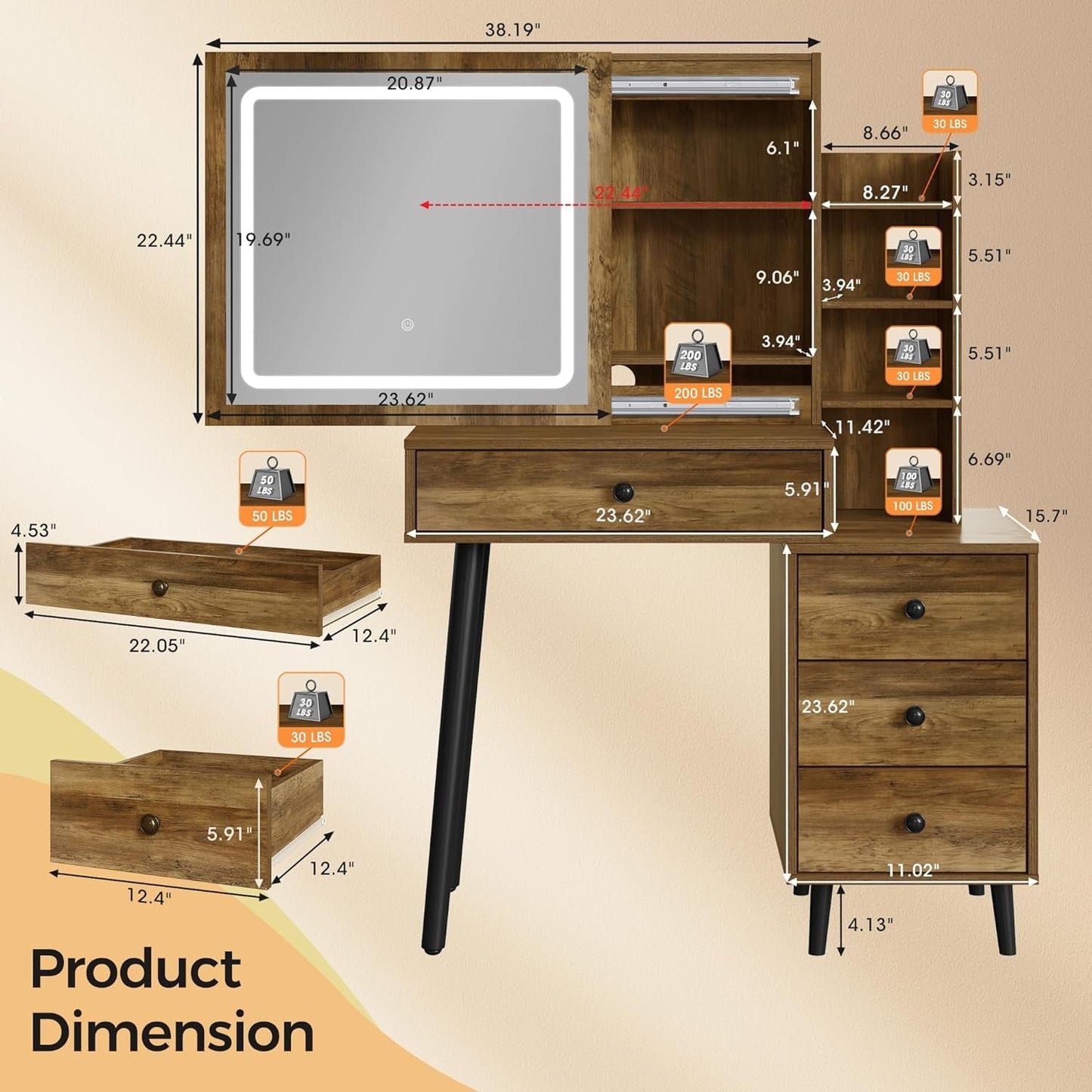 Royalcraft Makeup Vanity Table Set with Sliding Lighted Mirror