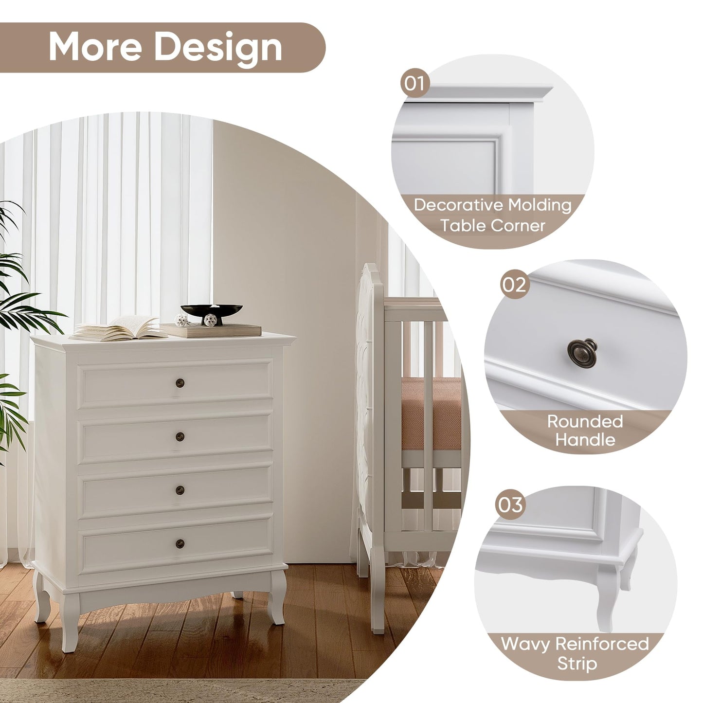 CozyHome White 4 Drawer Dresser, Large Storage Chest with Ball Bearing Slide, Wide Chest of Drawers, Modern Wood Dresser for Bedroom, Living Room, Hallway, Entryway, White