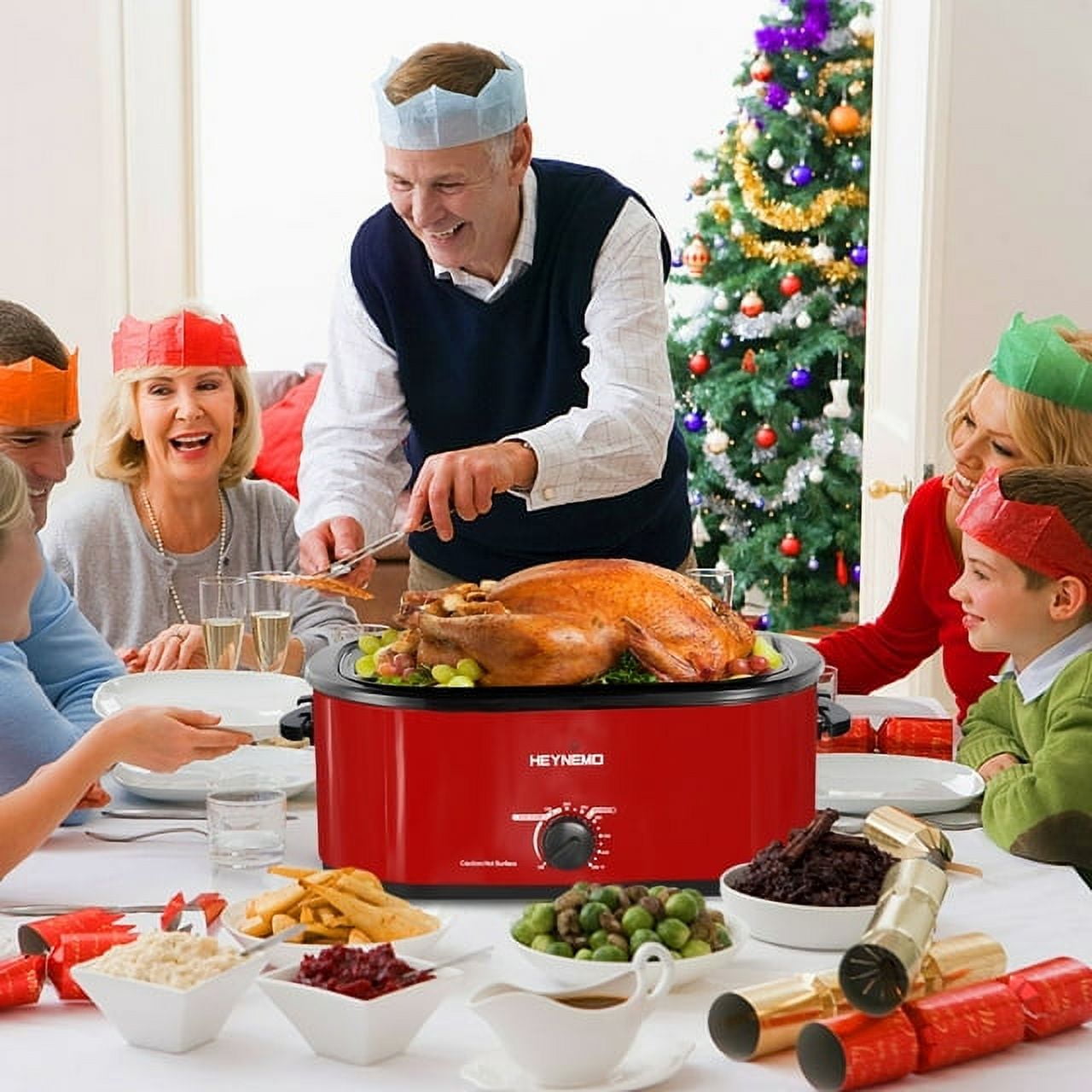 CozyHome 24 QT Electric Stainless Steel Turkey Roaster Oven, Self-Basting Lid Removable Insert Pot Perfect for Gathering and Dining, Red