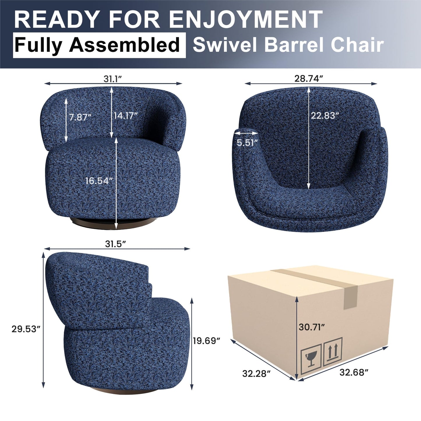 CozyHome Swivel Accent Chair, Fully Assembled Round Barrel Chairs, Oversized Upholstered Armchair with 360-Degree Base, Modern Club Chair for Living Room, Bedroom, Office, Blue