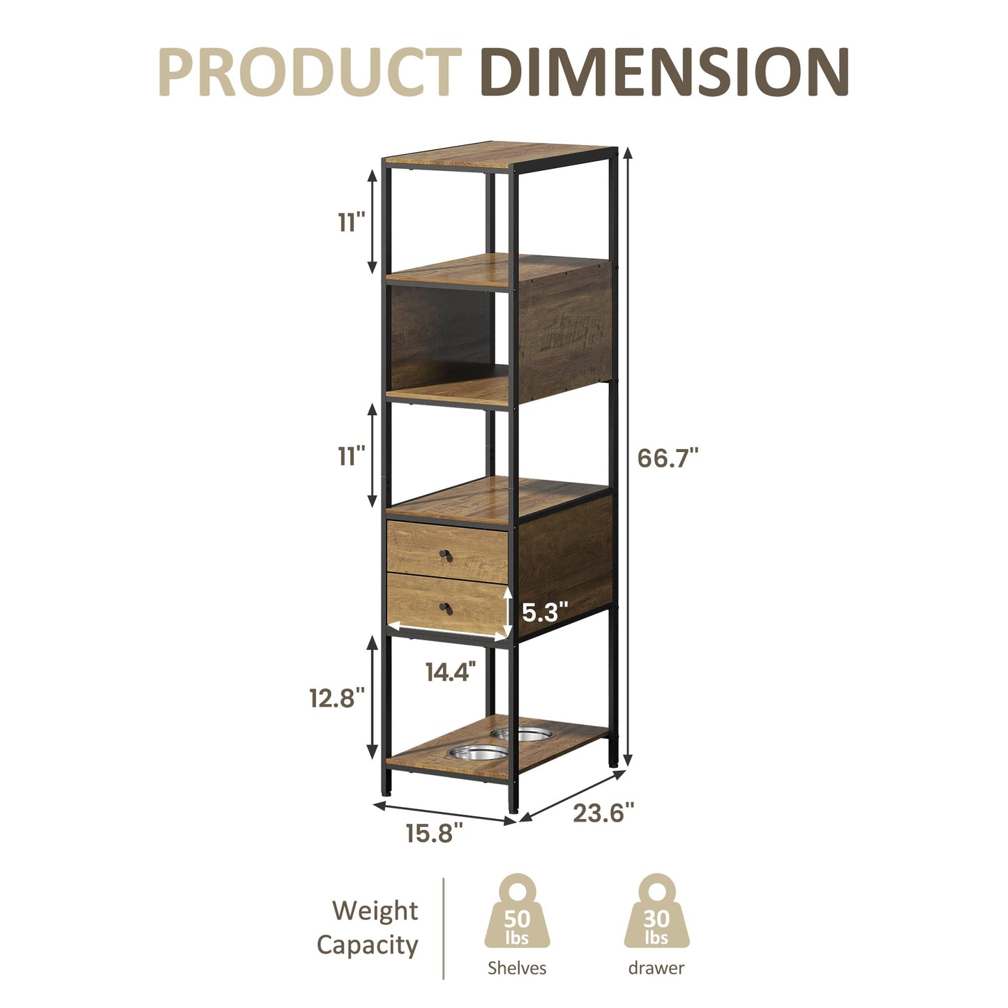 Superjoe Industrial Bookshelf, Standing Display Shelf with 2 Dog Bowls, Metal and Wood Bookshelf, Dog Feeder Station with Shelves, Brown