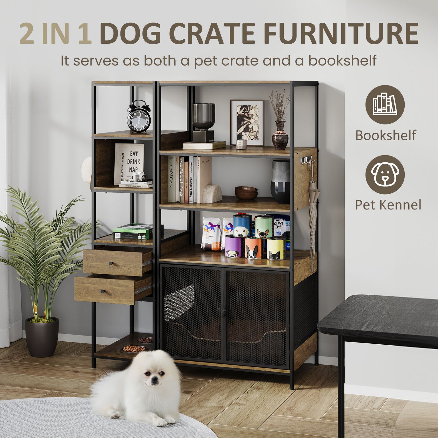 Dog Crate Furniture with Display Shelf, Decorative Dog Crate with Dog Bowl, Cat Litter Box Furniture Industrial Bookshelf, Furniture Style Dog Crate for Medium Dog, Brown