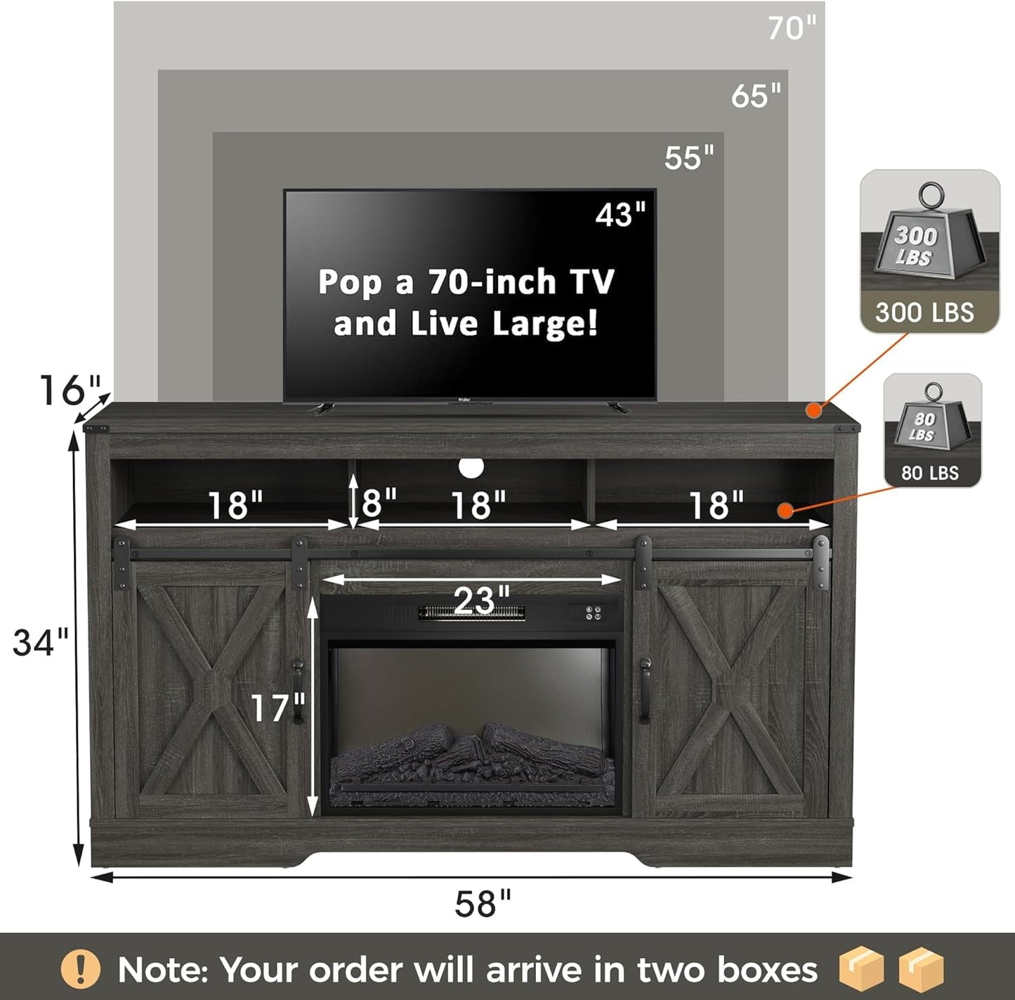 RoyalCraft Fireplace TV Stand for 65+ inch TV, Farmhouse Entertainment Center with 23" Electric Fireplace with Remote, Modern Rustic TV Console with Sliding Bar Door for Living Room