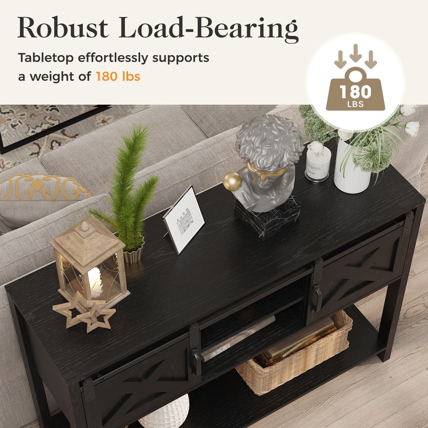CozyHome Farmhouse Entryway Table with Storage, 46" Console Table with Sliding Barn Door, Wood Rustic Sofa Table with Adjustable Shelf for Hallway, Living Room, Foyer, Black