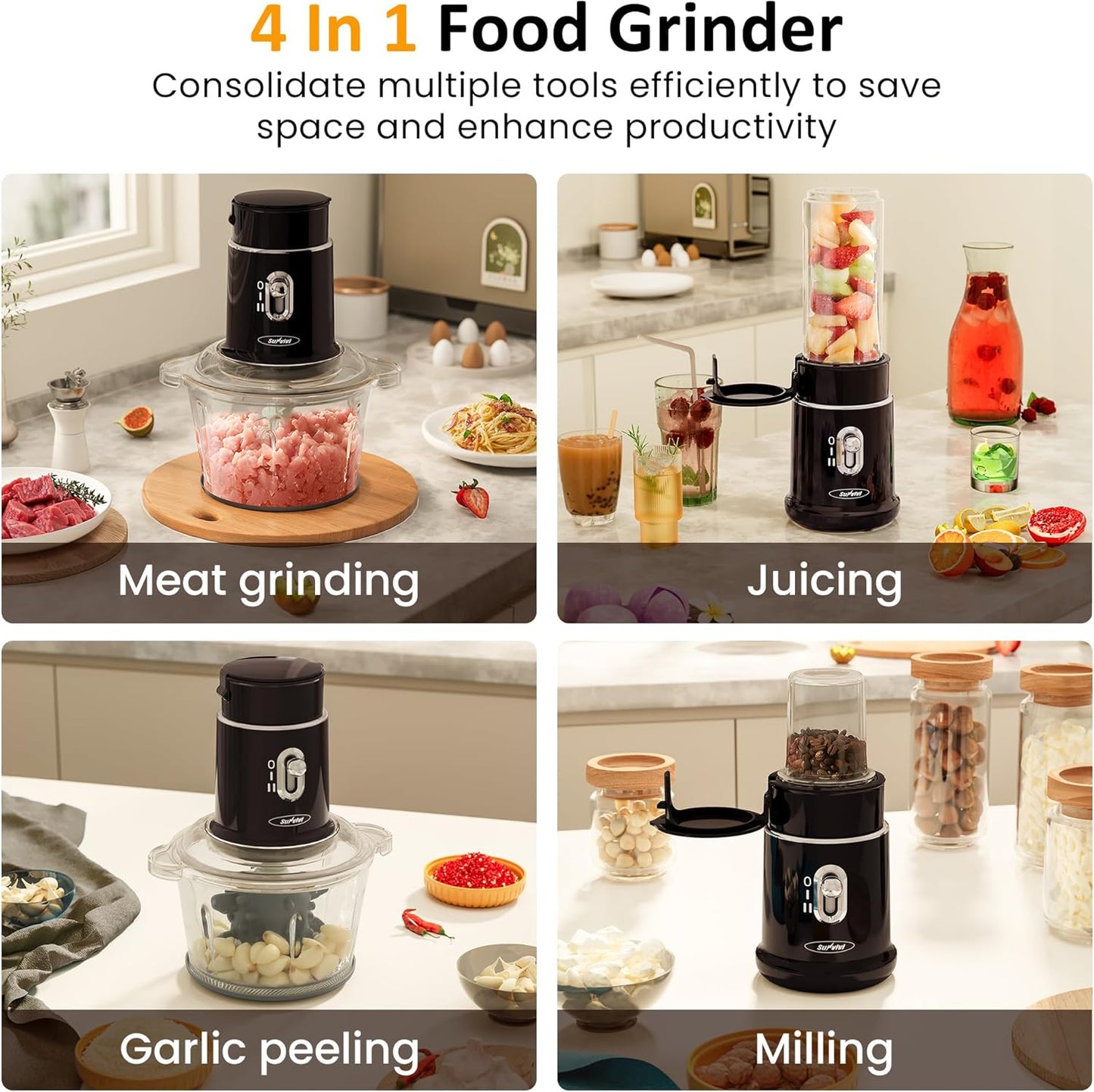 CozyHome Electric Food Chopper, Electric 4 in 1 Food Grinder for Grinding Meat, Peeling Garlic & Juicing, 2 Speed Blender and Food Processor Combo with 1.5L Glass Bowl & 2 Cups (0.4L+0.2L), 250W Black