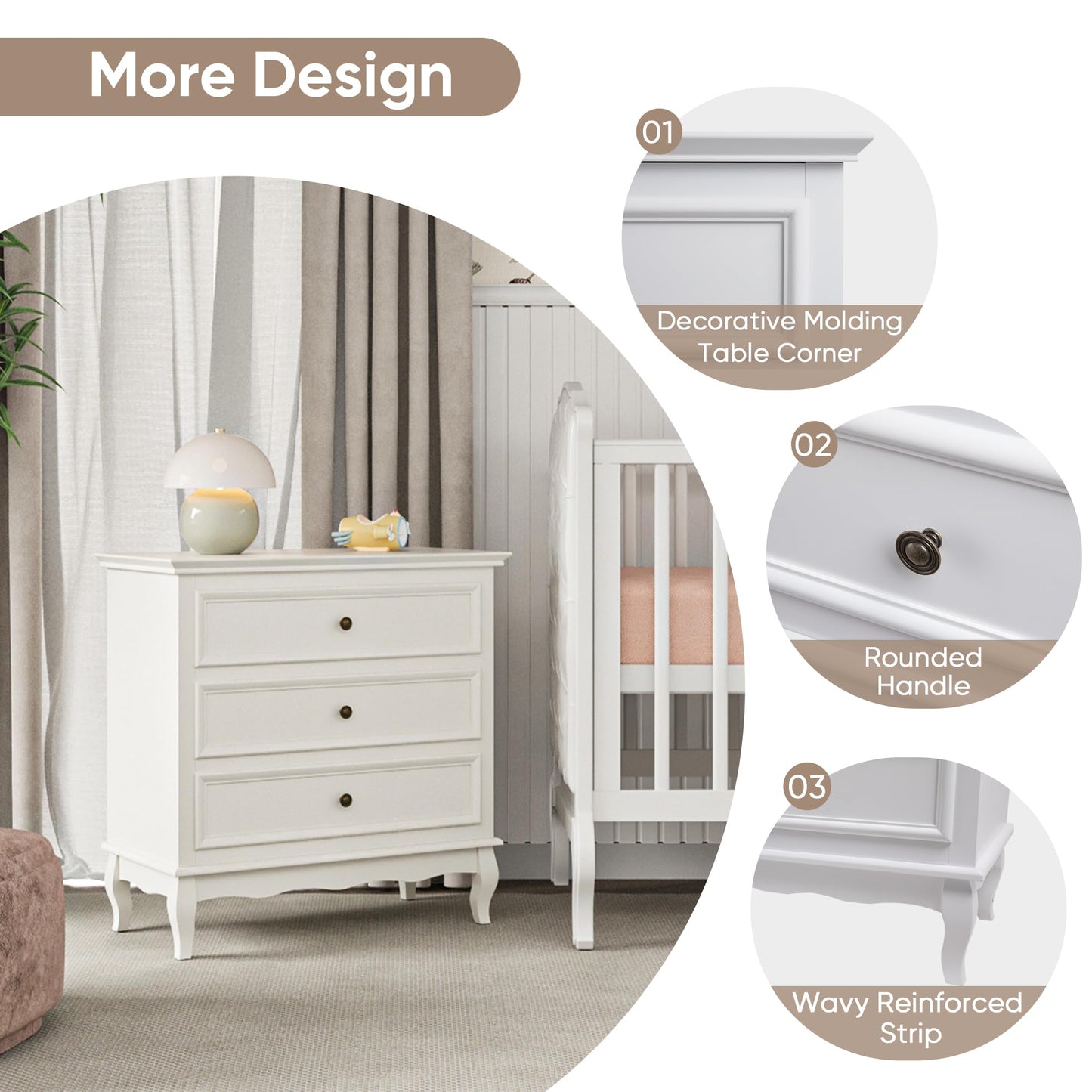 Superjoe White 3 Drawer Dresser for Bedroom, Wide Chest of Drawers with Ball Bearing Slide, Modern Wood Dresser Wide Nightstand Cabinet for Living Room
