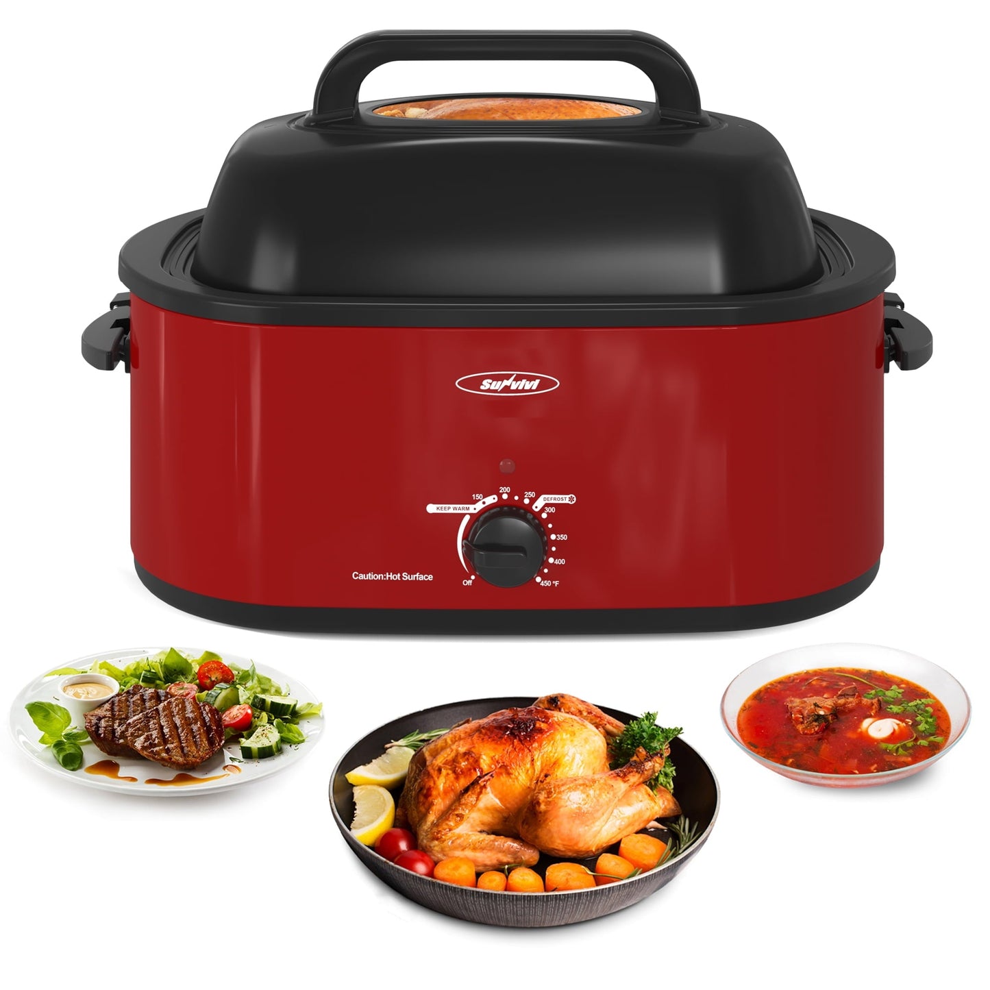Sunvivi 22 Quart Electric Turkey Roaster Oven with Visible Glass Lid,Removable Pan & Rack, Stainless Steel,White