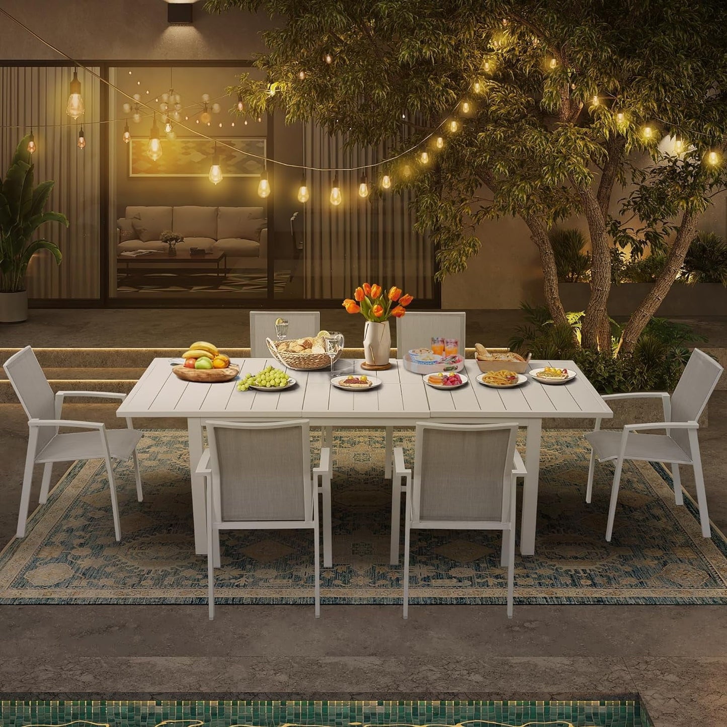 Superjoe Outdoor Patio Dining Table, Aluminum Modern Outside Metal Expandable Patio Table Furniture for Lawn, Balcony, White