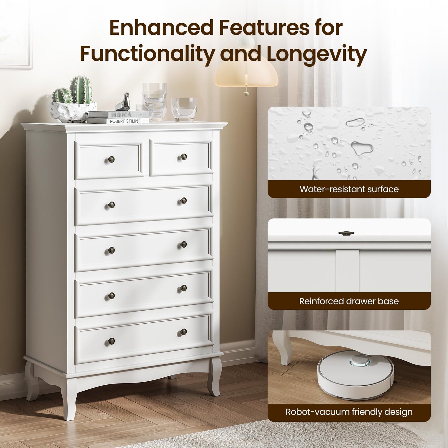 Superjoe White 6 Drawer Dresser, Rustic Tall Chest of Drawers, Modern Wood Dresser, Wooden Storage Closet Cabinet, Clothing Storage Organizer for Living Room, Bedroom, Hallway, Entryway