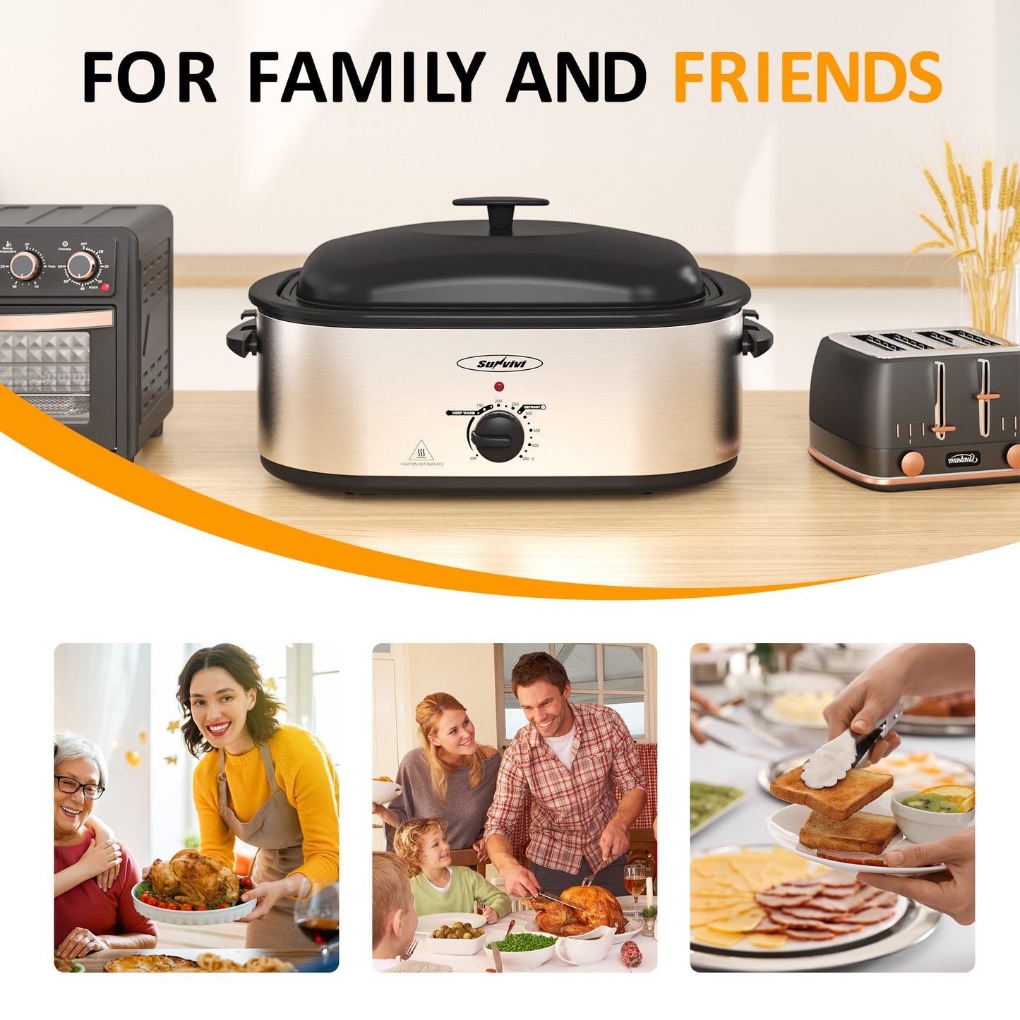 Electric Roaster Oven, 18 QT Turkey Roaster with Self-Basting Lid and Buffet Server, Roaster Oven with Adjustable Temperature Control, Removable Pan & Rack for Turkey, Pizza, Meat, Stainless Steel, Silver