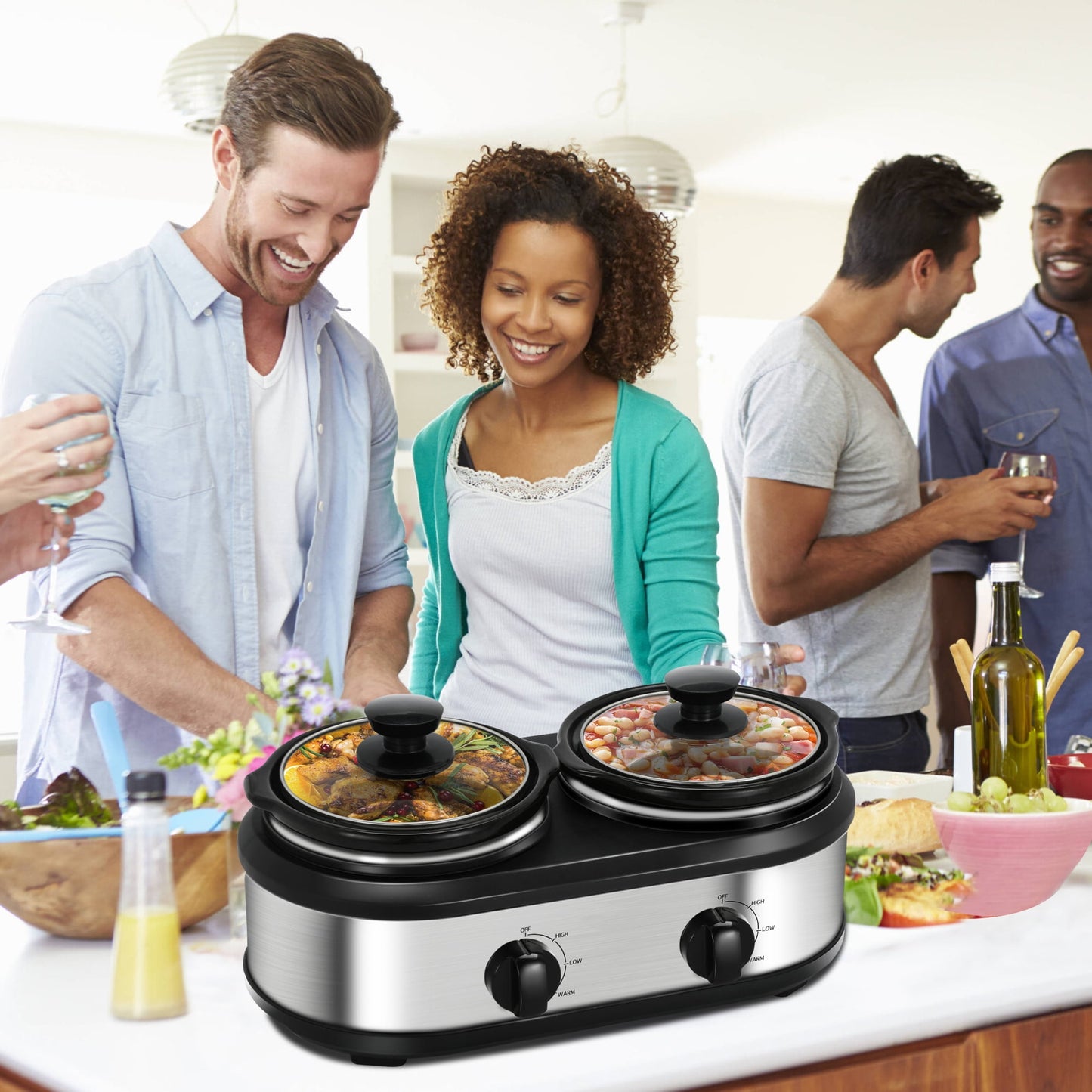 CozyHom 2.5QT Dual Pot Slow Cooker Electric Food Warmer With Adjustable Temp Stainless Steel Removable Pots Lid Rests Crock Pot