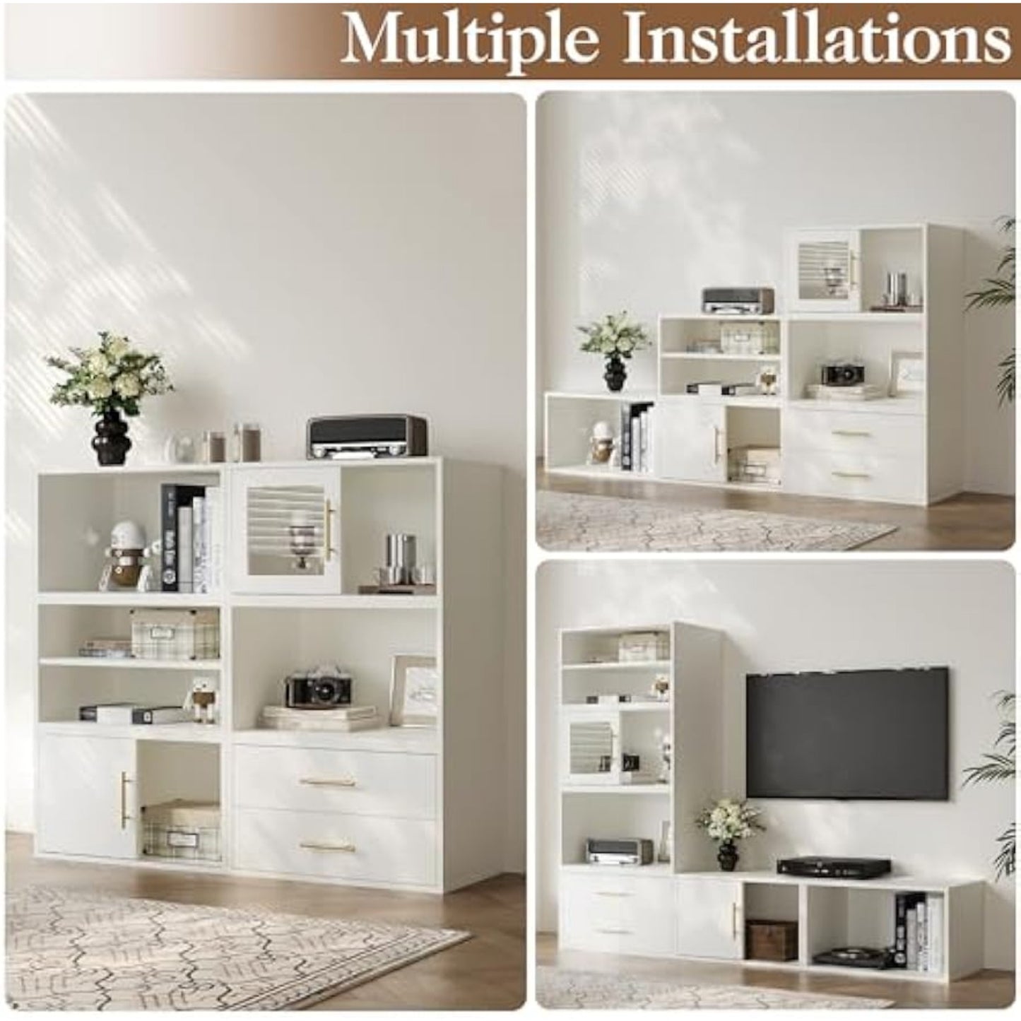 Superjoe 6 Pieces Cube Storage Organizer, Stackable 24" Small Open Bookcase with Drawers, Adjustable Shelf and Sliding Door, White Wood Cubby Storage Shelves for Small Space, Living Room, Bedroom