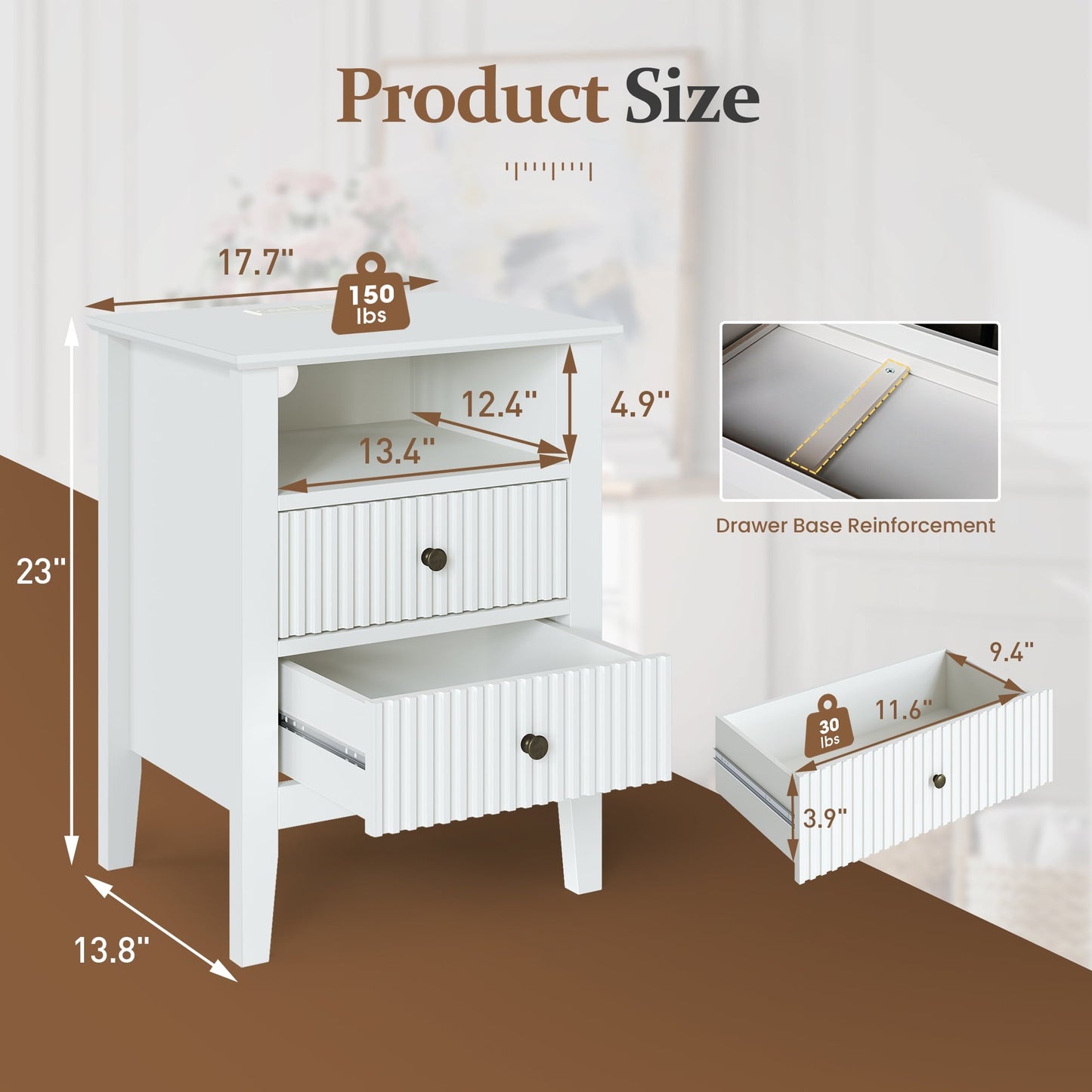 RoyalCraft Fluted Nightstand Set of 2 with Charging Station, White End Table with 2 Silent Slide Drawers & Storage Shelf, Modern Side Table, Wood Night Stand Cabinet for Living Room, Bedroom
