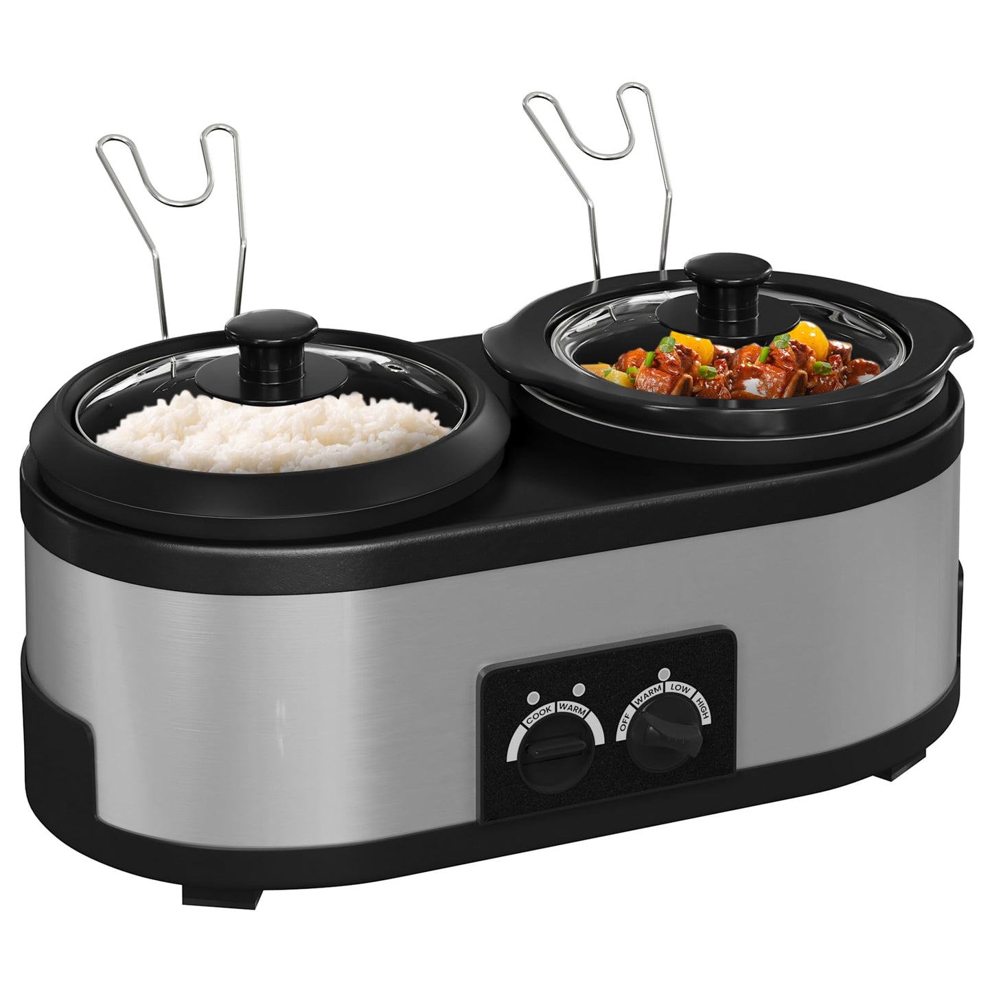 Superjoe 2 in 1 Double Slow Cooker, Combo Rice Cooker and 1.5 Quart Slow Cooker with 3 Cooking Settings, 3- Cup Non-Stick Aluminum Pot, Glass Lid, Stainless Steel