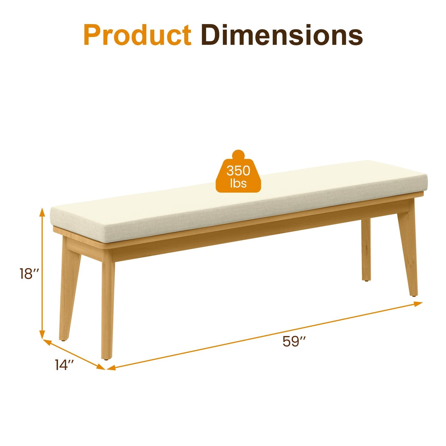 Heynemo Acacia Patio Bench, Upholstered Bench with Thick Cushion, Modern Wood Outdoor Dining Bench for Porch, Backyard, Garden, Indoor, Beige