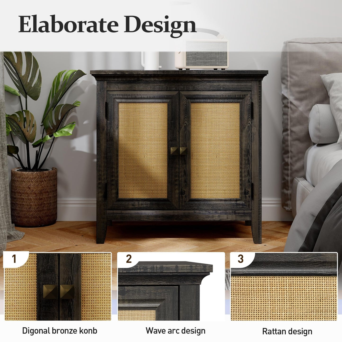 Superjoe Storage Cabinet, Kitchen Sideboard Cabinet with Rattan Decor Doors, Accent Buffet Cabinet with Adjustable Storage Shelf, Wood Cabinet Organizer for Hallway, Dining Room, Living Room, Coffee