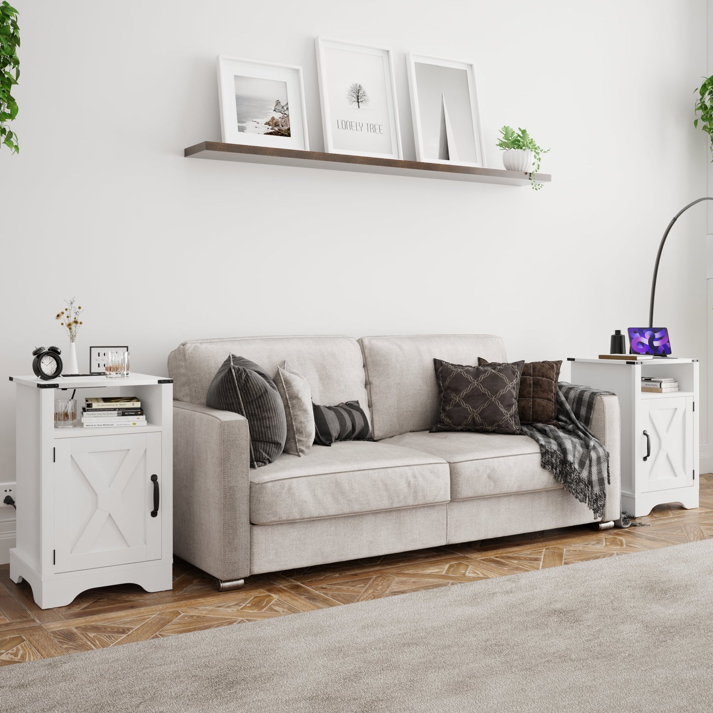 CozyHom Modern Farmhouse USB Nightstand Set of 2 With Storage Cabinet, End Side Table With Charging Station For Bedroom, White