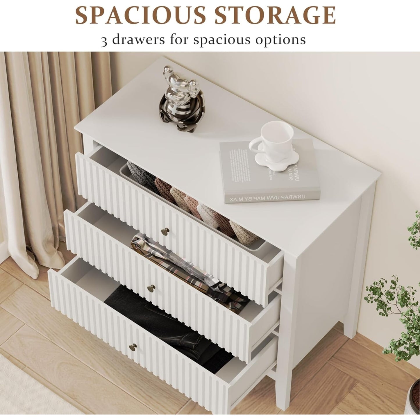 Superjoe White 3 Drawer Dresser, Painted 30 Inch Tall Wood Nightstand with Storage, Wide Modern Chest of Drawers with Ball Bearing Slide for Bedroom Hallway Living Room Entryway Office