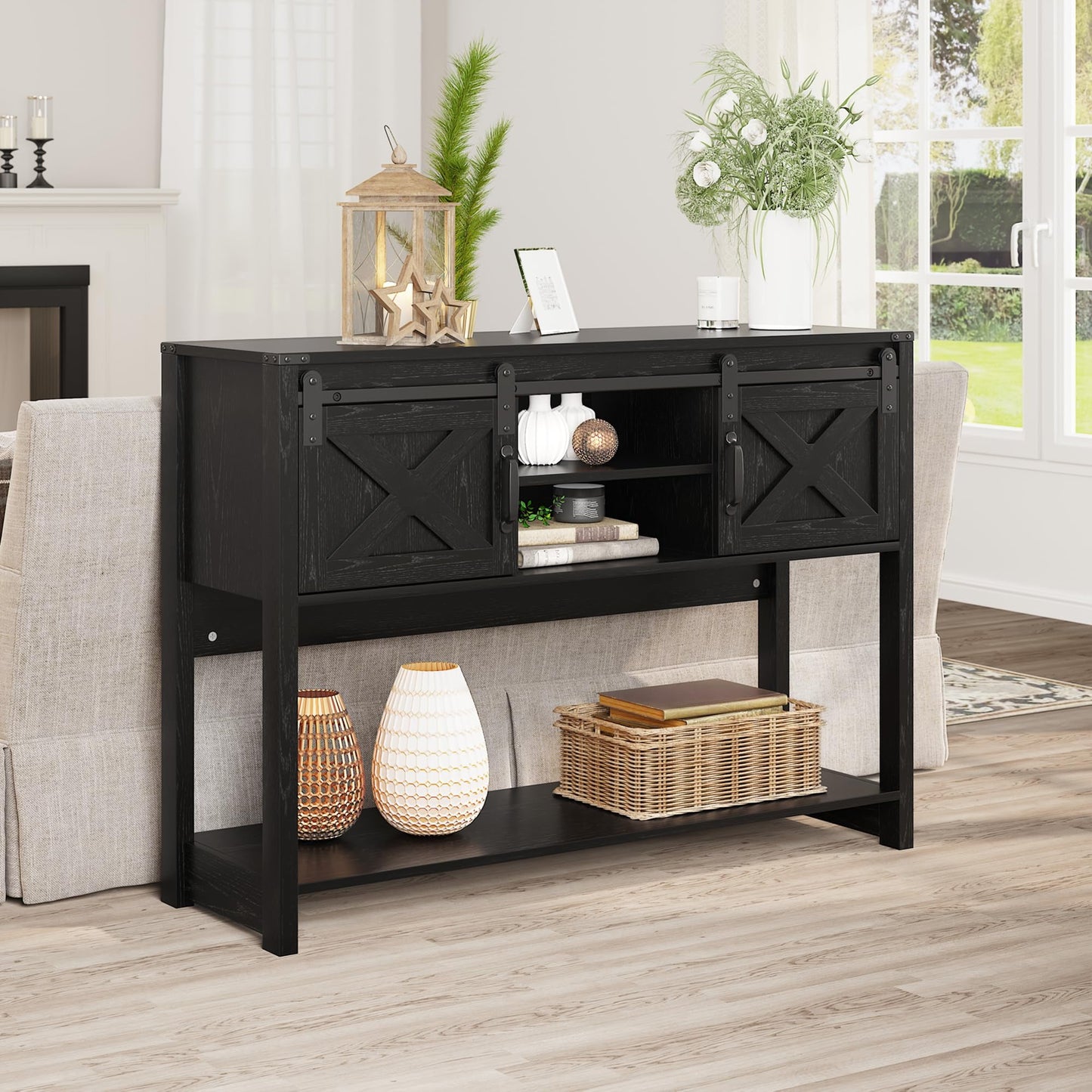 CozyHome Farmhouse Entryway Table with Storage, 46" Console Table with Sliding Barn Door, Wood Rustic Sofa Table with Adjustable Shelf for Hallway, Living Room, Foyer, Black