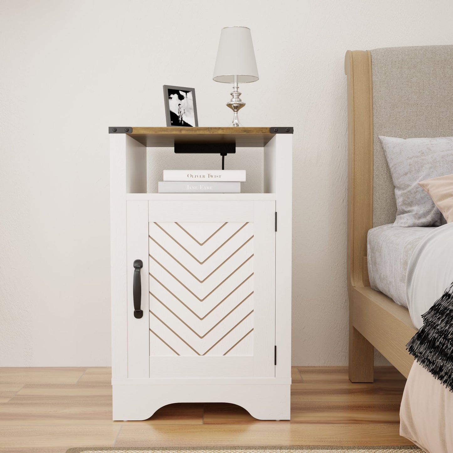 CozyHom Modern Farmhouse USB Nightstand With Charging Station, End Side Table With Charging Station&Storage Cabinet For Bedroom, Brown And White